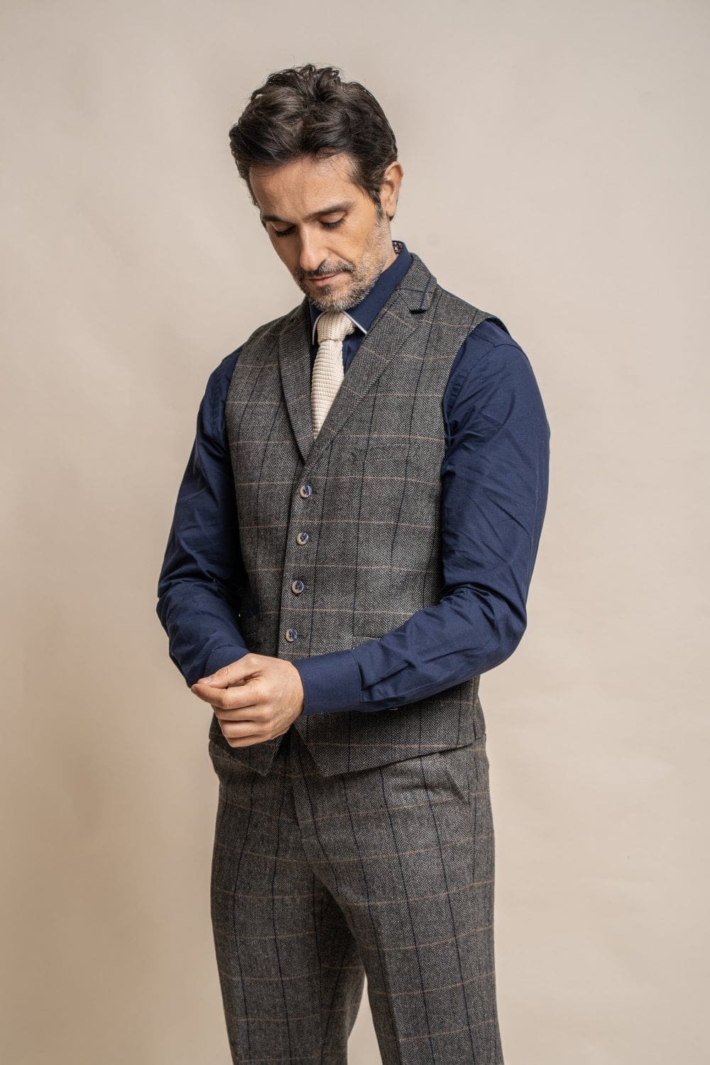 Cavani Albert Grey Men's Tweed Check Lapel Waistcoat Vest | Classic Formal & Casual Style | Perfect for Weddings, Business Meetings & Smart Office Wear