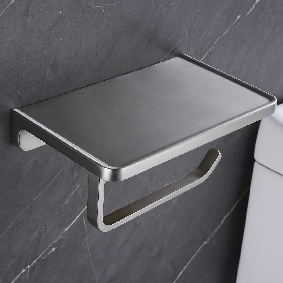 Brushed Nickel Toilet Paper Holder with Shelf - Solid Metal Wall Mounted Toilet Paper Dispenser for Bathroom, Kitchen, or Office - RD93008-BN