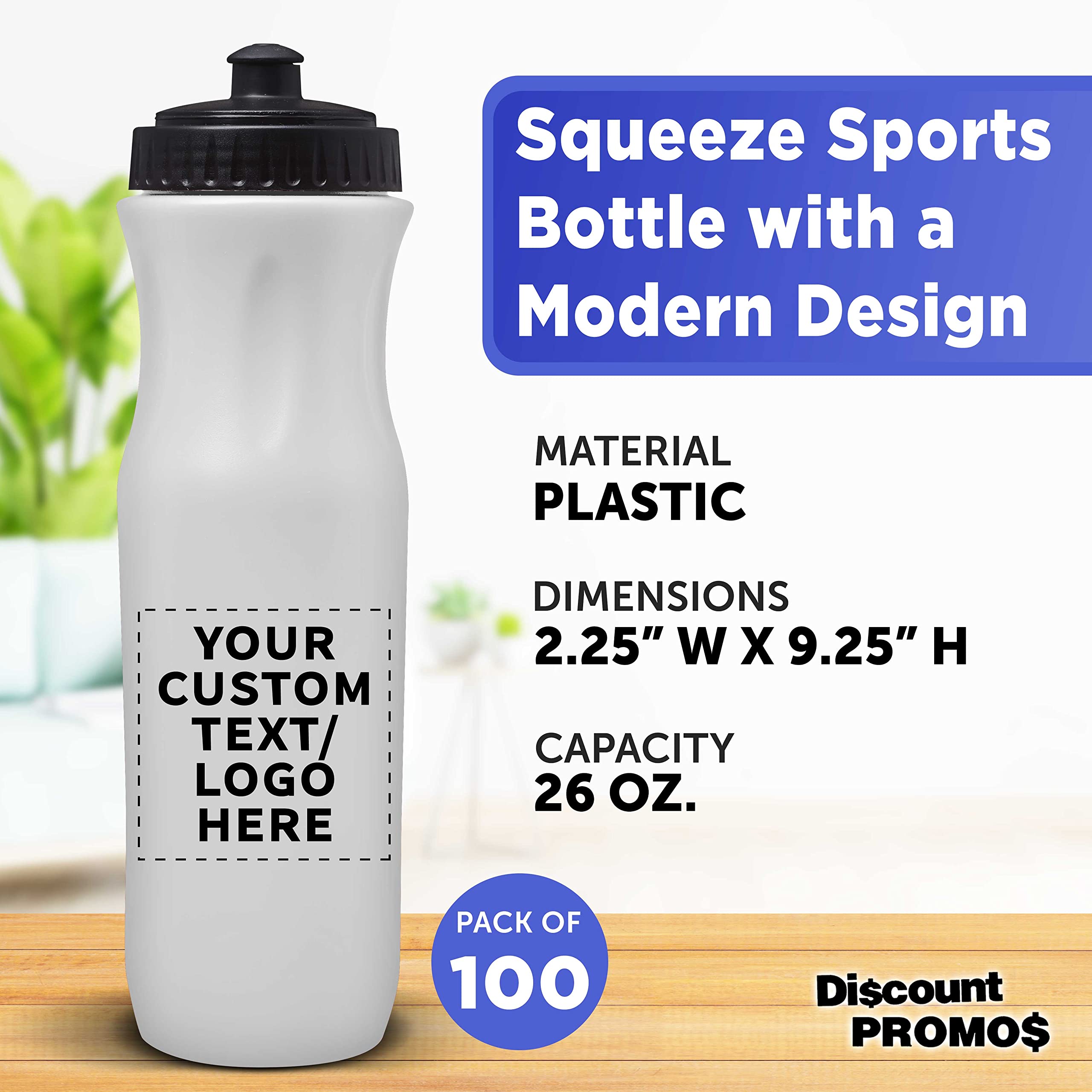 100 Pack 26 oz Customizable Plastic Water Bottles with Black Push Top Lids - Bulk White Water Bottles for Sports, Gym, School & Office - Personalized Text & Logo Printing Available