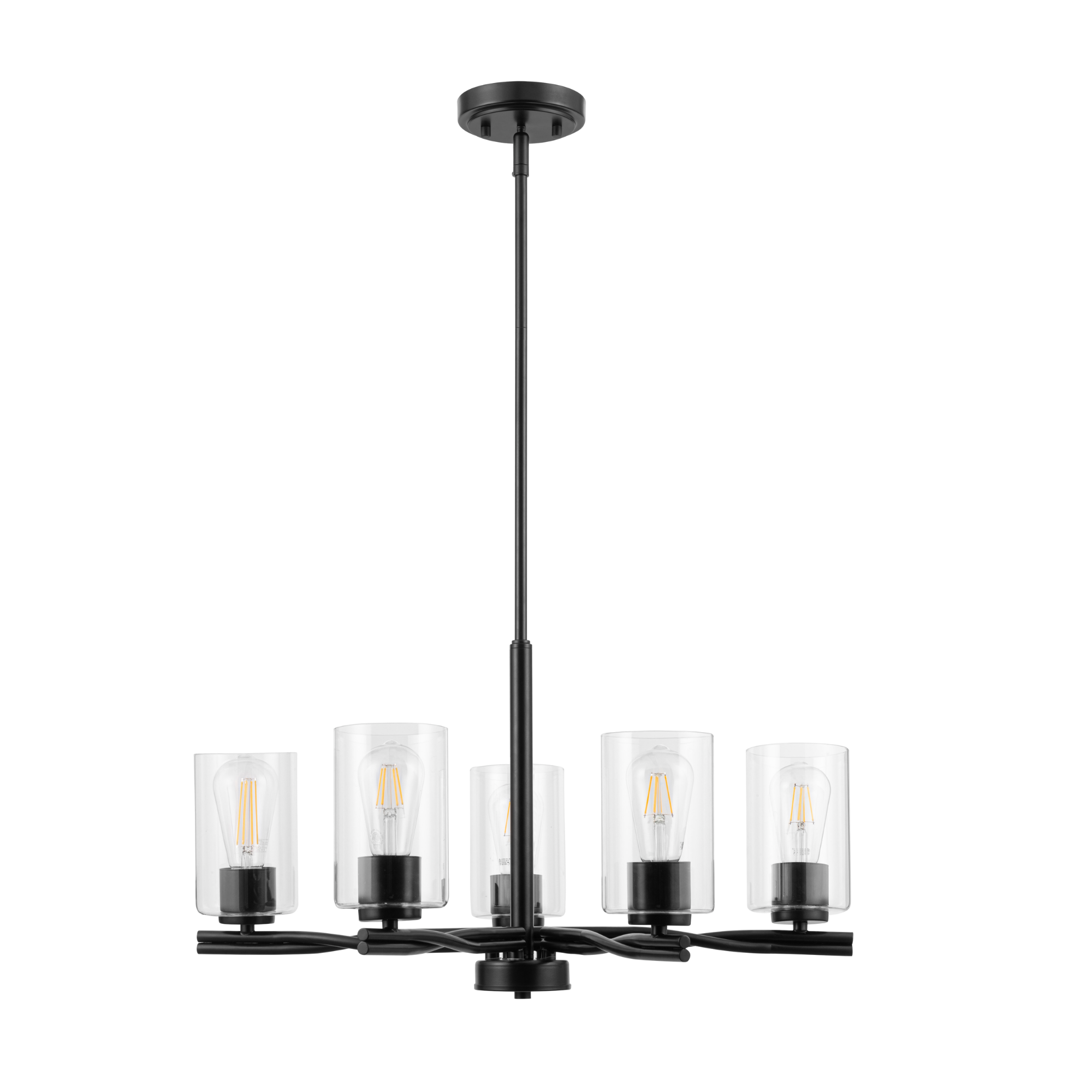 5-Light Matte Black Chandelier with Clear Glass Shades - Modern Crystal Ceiling Light Fixture for Dining Room, Bedroom, or Living Room Decor