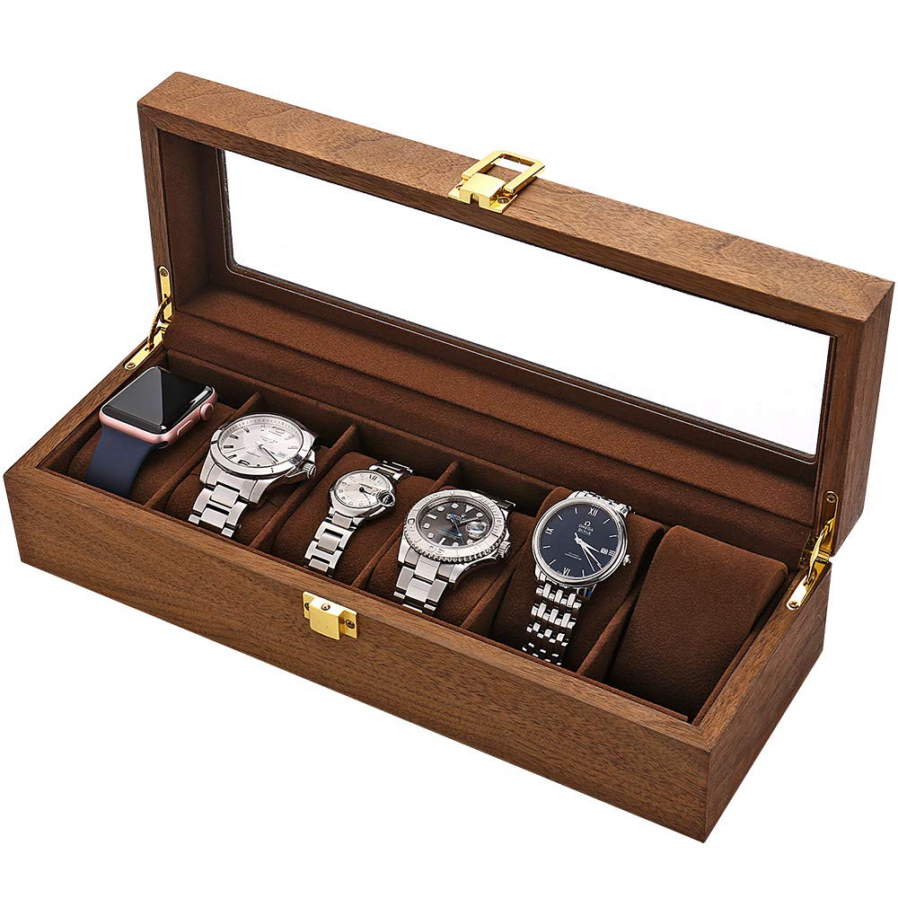 LESTAR 6-Slot Wooden Watch Box with Glass Top & Valet Tray - Executive Watch Display Case & Jewelry Organizer for Men & Women - Perfect for Travel, Home Storage & Gift Giving