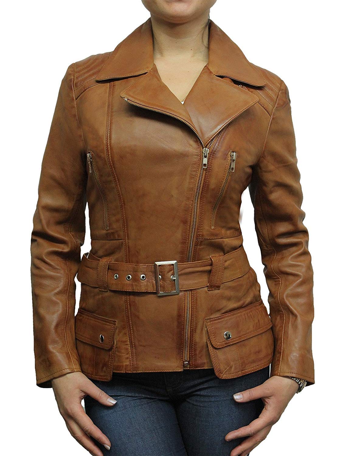 BRANDSLOCK Women's Classic Genuine Leather Biker Jacket - Stylish Motorcycle Outerwear for Riding, Fashion & Everyday Wear