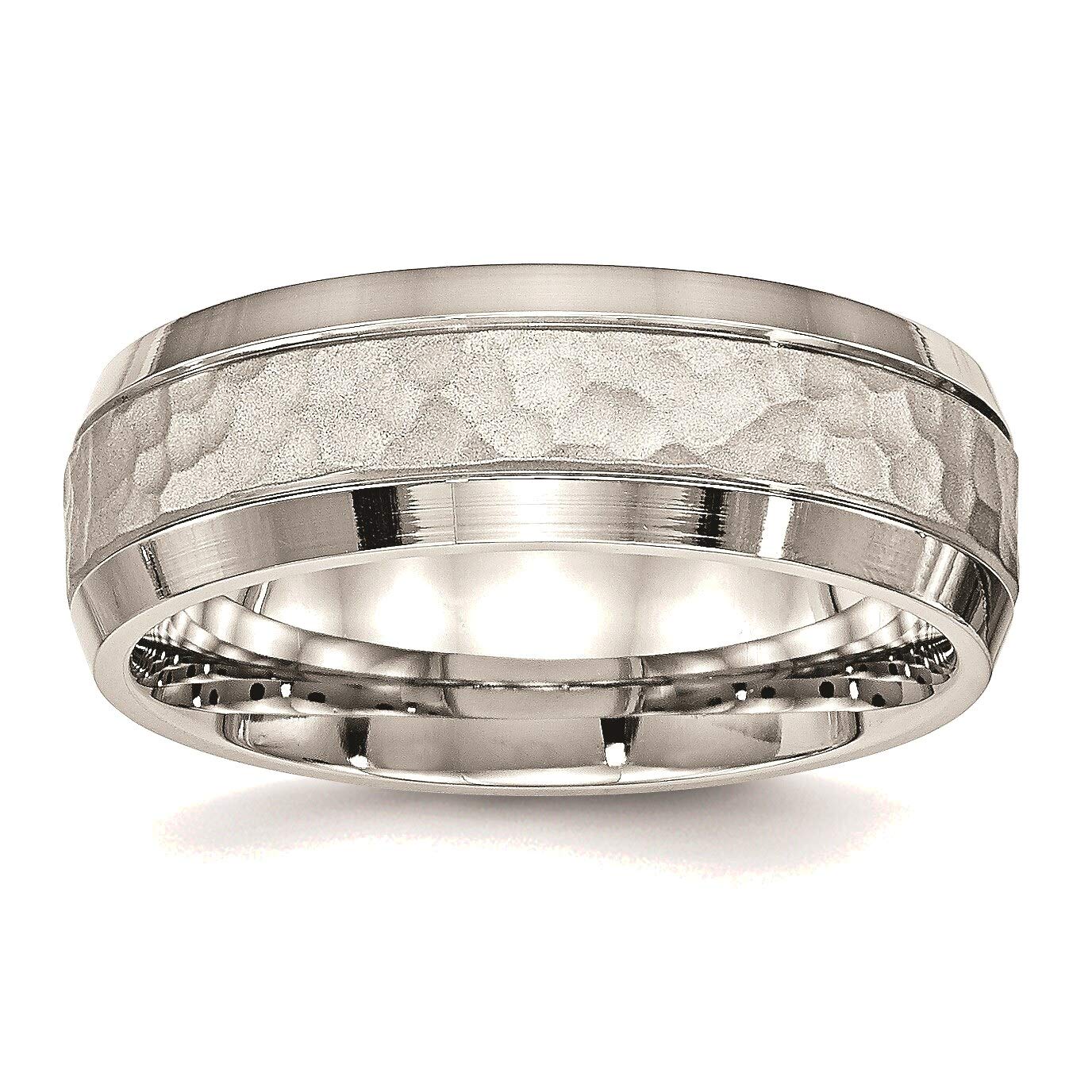 Bonyak Stainless Steel Hammered Band Ring - 7.50mm Brushed & Polished Finish - Size 11 - Durable Wedding Band, Anniversary Gift for Him, Everyday Jewelry for Men