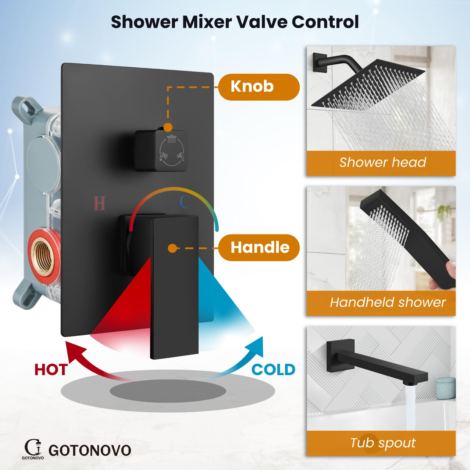 Gotonovo 3-Function Wall Mounted Shower Faucet Combo Set - 8 Inch Matte Black Rainfall Shower Head with Handheld Spray, Tub Spout & Rough-in Valve Trim Kit for Bathroom Renovation & Spa-Like Experience