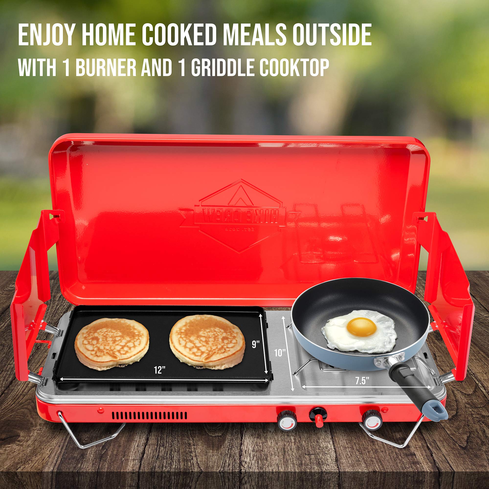 Hike Crew 2-in-1 Portable Gas Camping Stove and Griddle with Propane Burner | Built-in Igniter, Stainless Steel Drip Tray & Wind Panels | Foldable Legs & Carrying Handle | Perfect for Outdoor Cooking, Camping, Hiking & Picnics
