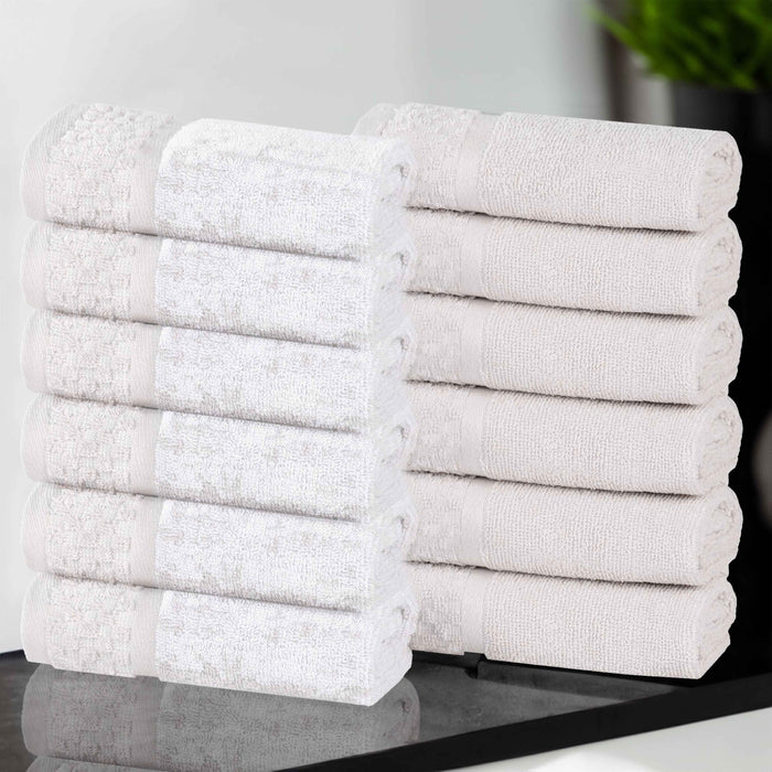 Premium 12-Piece Cotton Plush Jacquard Face Towel Set - Soft & Absorbent Solid & Two-Toned Bath Towels for Spa, Gym & Luxury Home Use