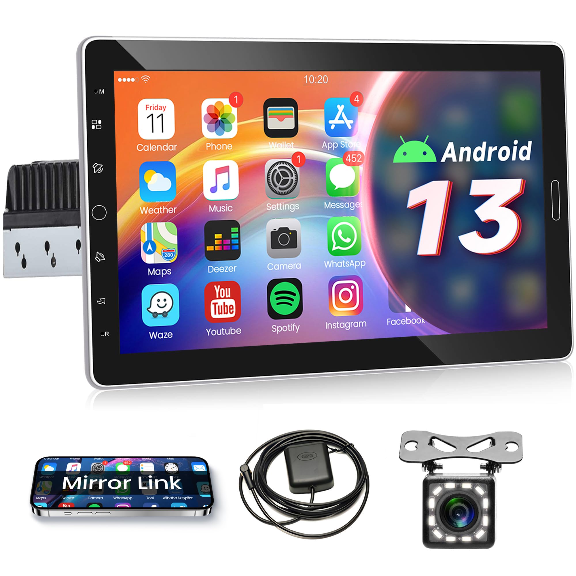 Rimoody 10.1 Inch Single Din Android Car Stereo with Bluetooth, GPS, WiFi, FM, USB & Backup Camera - Detachable Touch Screen for Easy Navigation & Entertainment | Perfect for Road Trips, Commuting & Hands-Free Driving