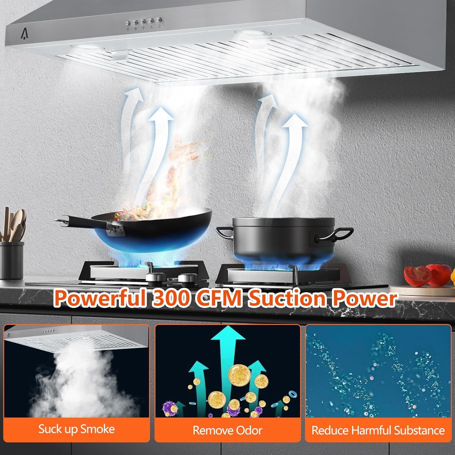 30 Inch Stainless Steel Under Cabinet Range Hood - 300CFM 3-Speed Exhaust Fan with LED Lights & Reusable Baffle Filters - Perfect for Kitchen Ventilation & Smoke Removal