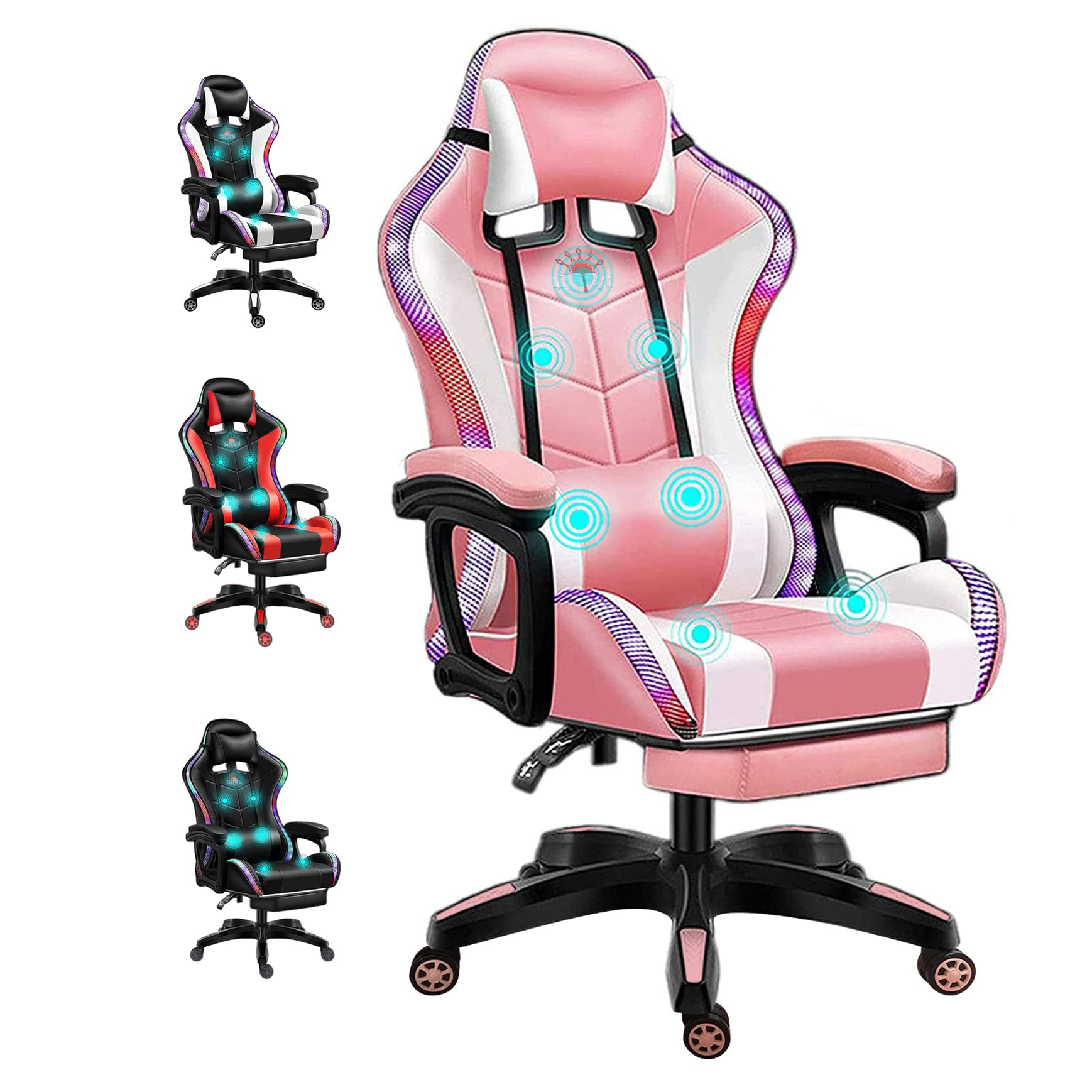 RGB Gaming Chair with LED Lights & Speakers - Ergonomic High Back E-Sport Computer Chair with Adjustable Headrest & Lumbar Support - Massage Gaming Chair in Pink - Perfect for PC Gaming, Streaming & Home Office Setup
