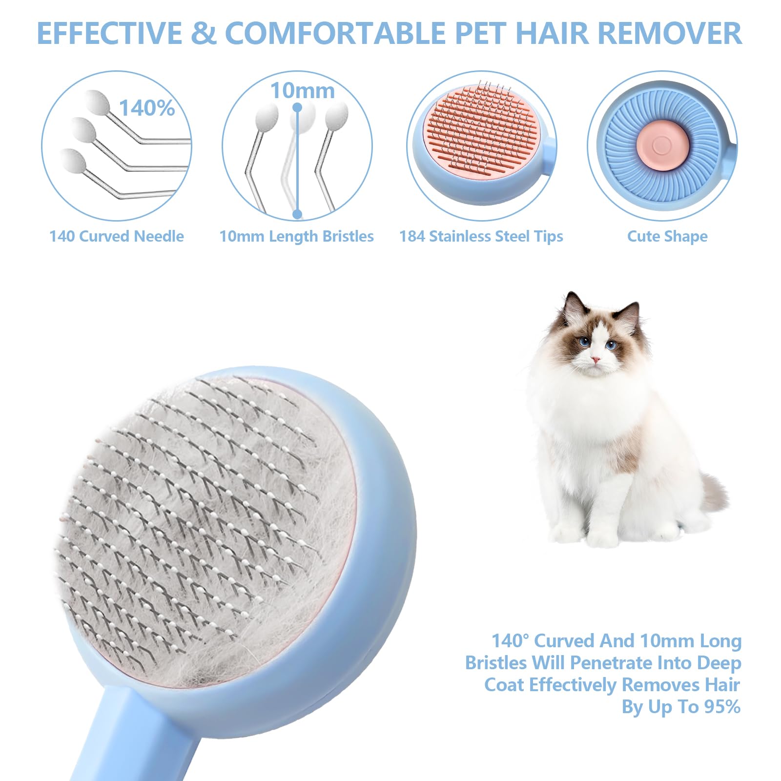 Self Cleaning Cat Brush with Release Button - Gentle Pet Grooming Brush for Long & Short Haired Cats & Dogs - Removes Loose Undercoat & Shedding Hair - Easy Clean Indoor Cat Comb (Blue) - Perfect for Daily Brushing & Reducing Pet Hair at Home