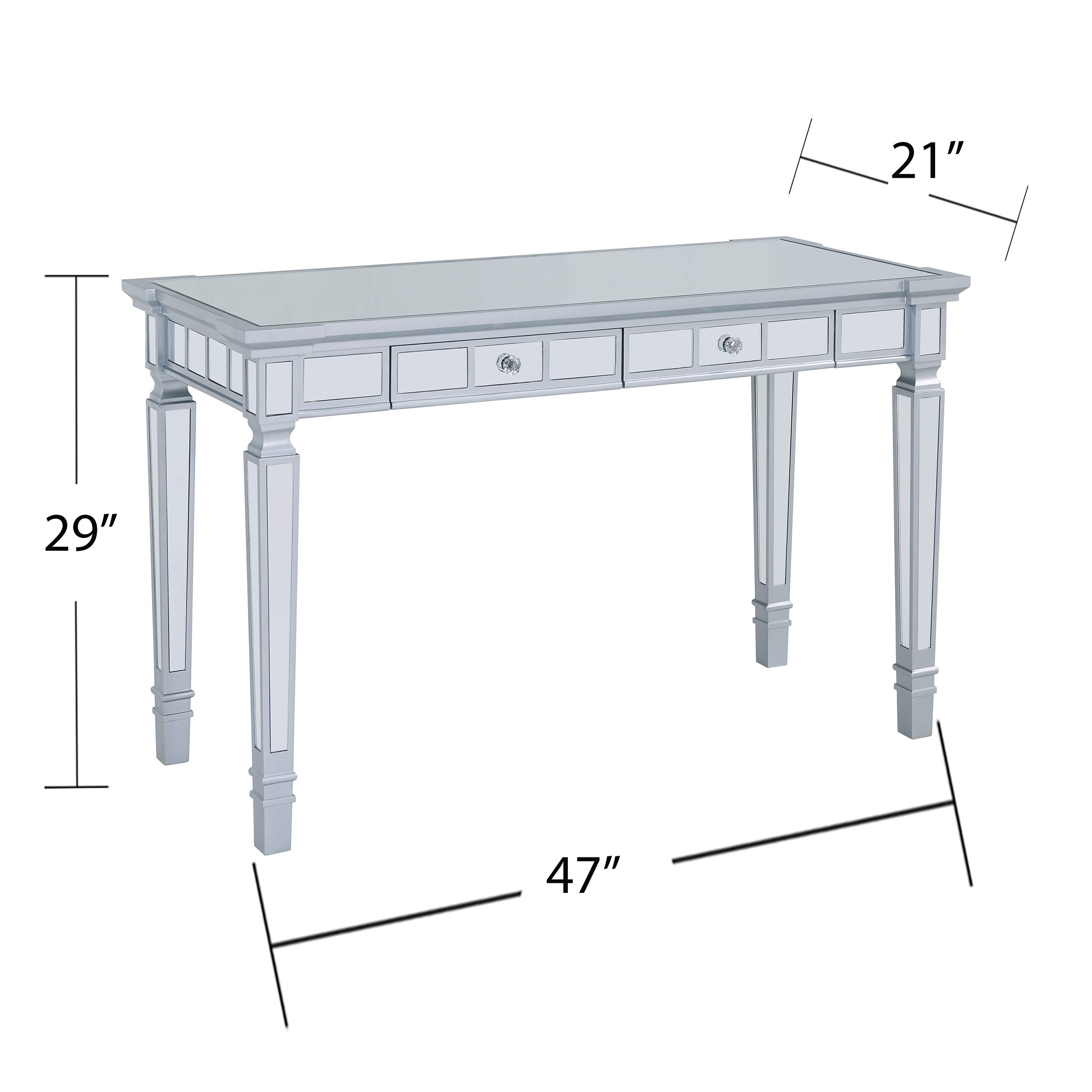 SEI Furniture Glenview Glam Mirrored Writing Desk with Drawers - Matte Silver Finish | Elegant Vanity Desk for Bedroom, Home Office & Dressing Room