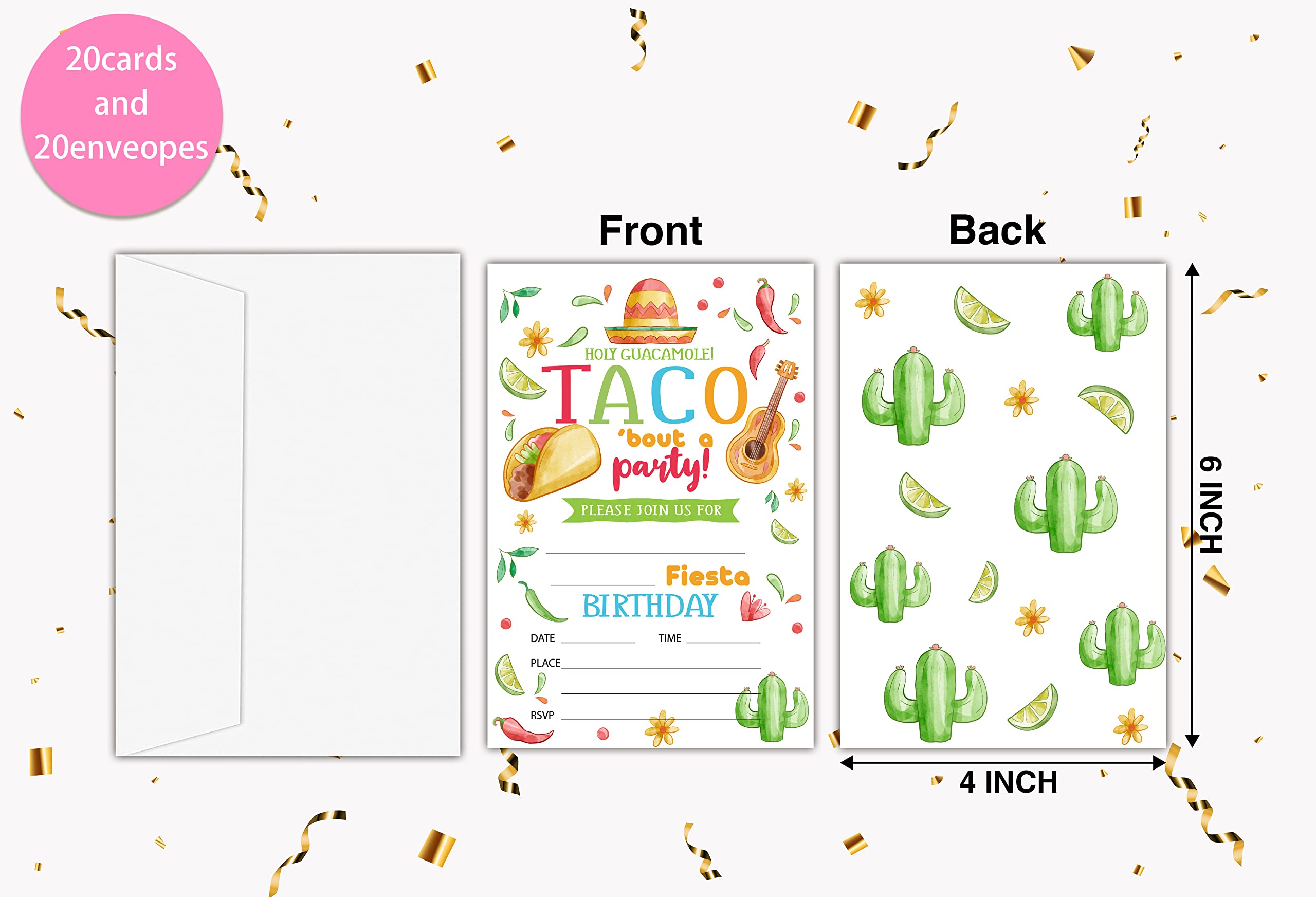 Kids Birthday Party Invitation Cards - Taco, Cactus & Fiesta Themed Party Invites for Boys & Girls | Personalized 20 Cards with Envelopes (D016) | Perfect for Birthday Celebrations, Teen Parties & Fiesta Decorations