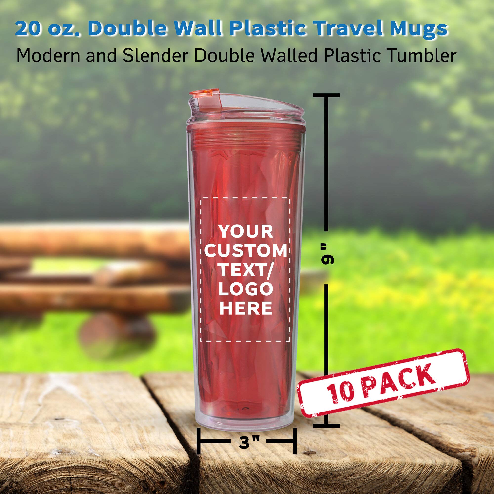 Custom 20 oz Double Wall Plastic Travel Mugs - 10 Pack with Personalized Text & Logo - Insulated Red Tumbler Cups for Office, Gym, Camping & Outdoor Activities