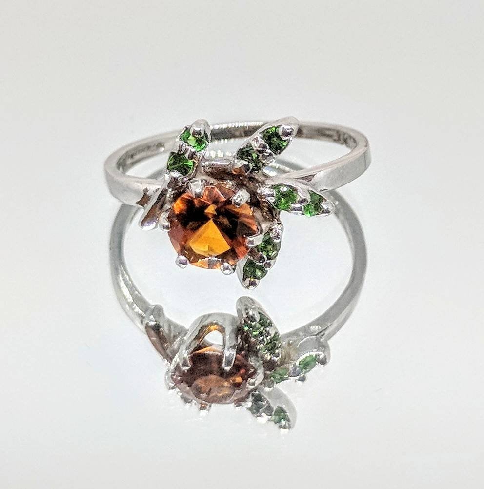 Handmade Solid Sterling Silver or 14K Gold Plated Citrine Garnet Flower Cluster Ring with Tsavorite Garnet Accents - Perfect for Weddings, Anniversaries & Gift Giving