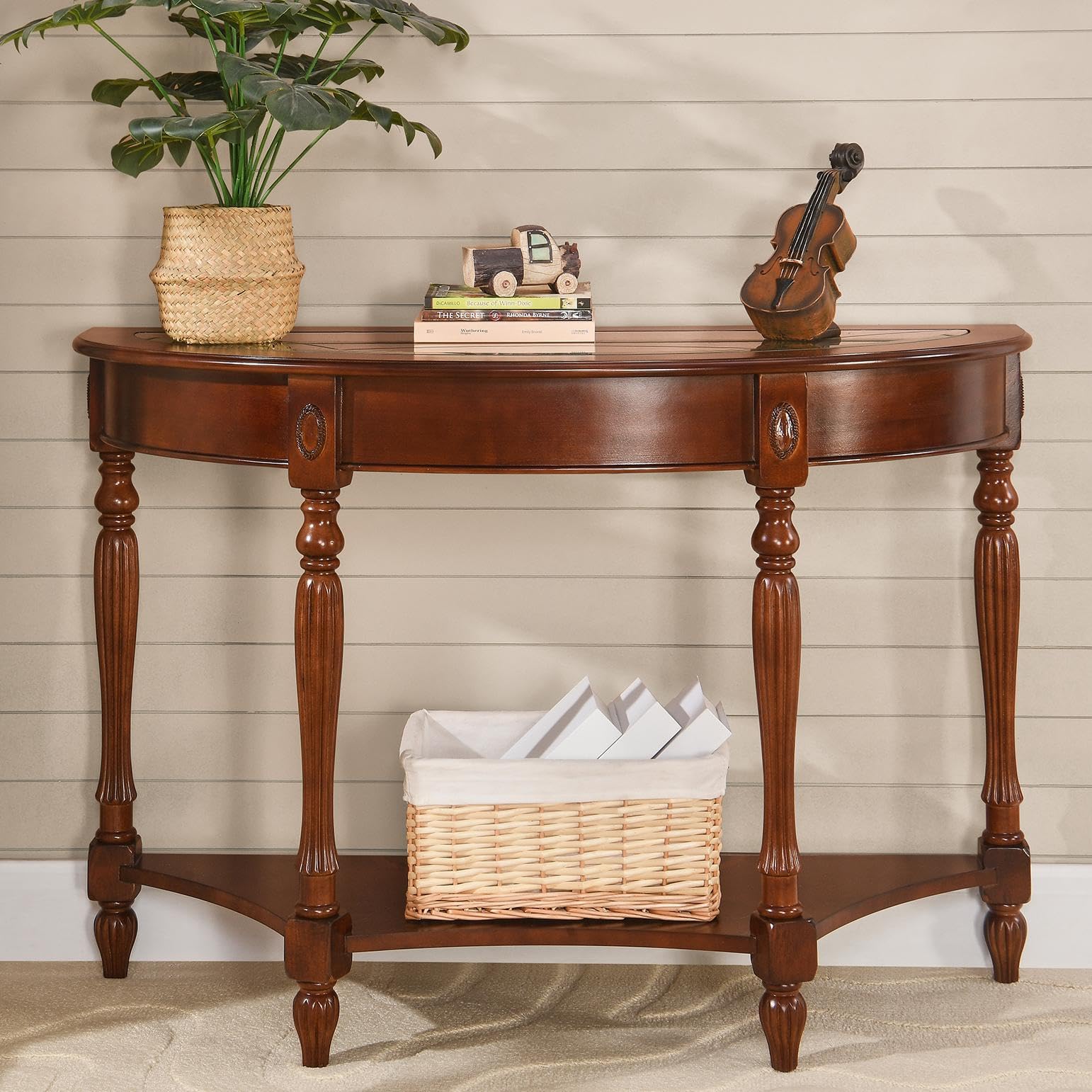 LEEMTORIG Demi Lune Console Table - Solid Cherry Wood with Glass Top | Traditional Victorian Antique Sofa Table for Entryway, Living Room & Hallway | Elegant Home Decor for Small Spaces & Narrow Areas (Model: SFZ-1533-GT)
