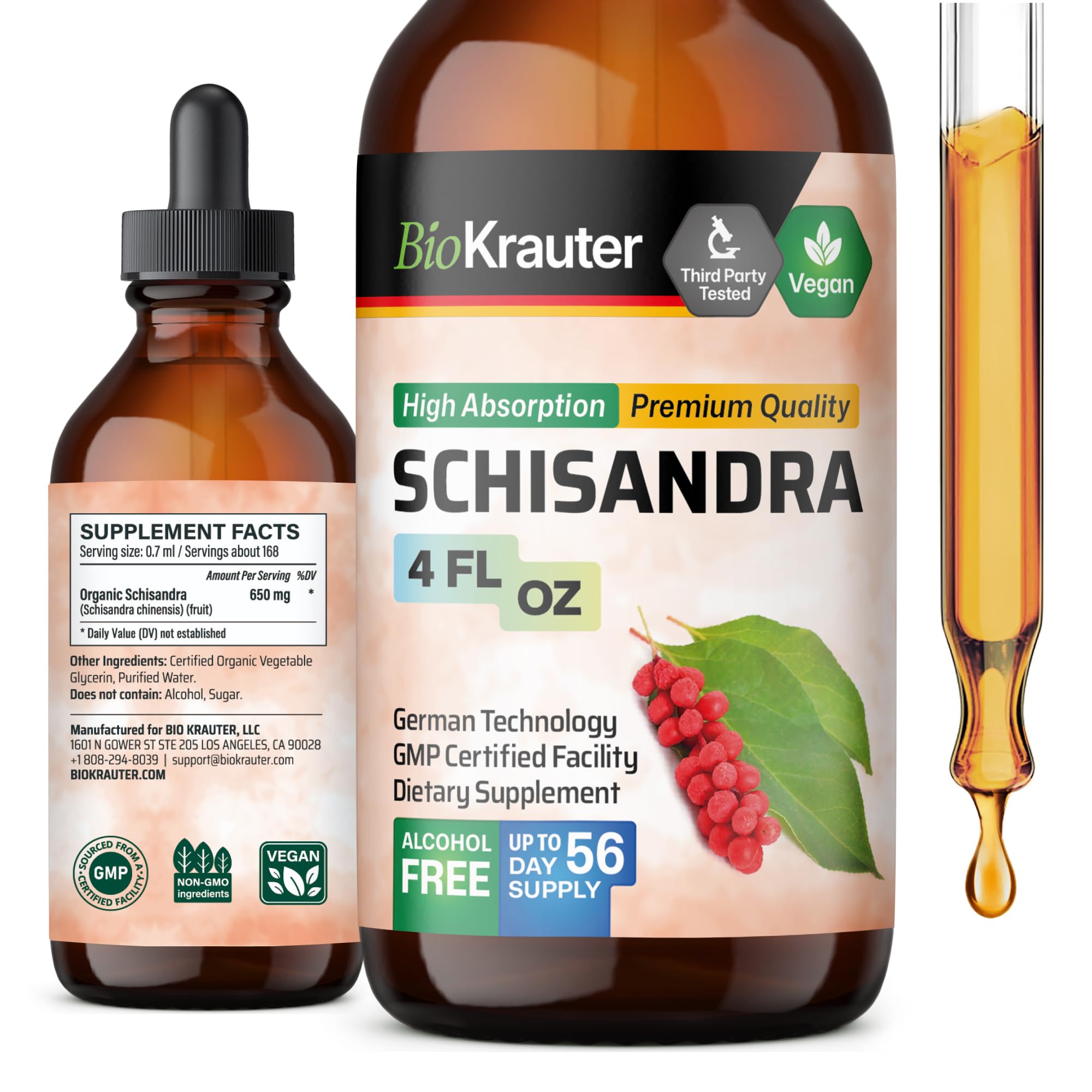 BIO KRAUTER Schisandra Berry Drops - Natural Mood Support Supplement with Schisandra Extract, Sugar-Free & Alcohol-Free (4 Fl Oz) - Perfect for Stress Relief & Daily Wellness