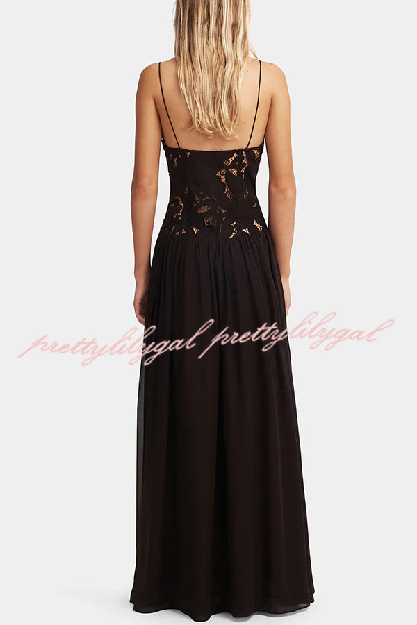 Stephanie Floral Crochet Lace Bust Chiffon Flowy Hem Maxi Dress for Women - Elegant Summer Beach Wedding Party Dress