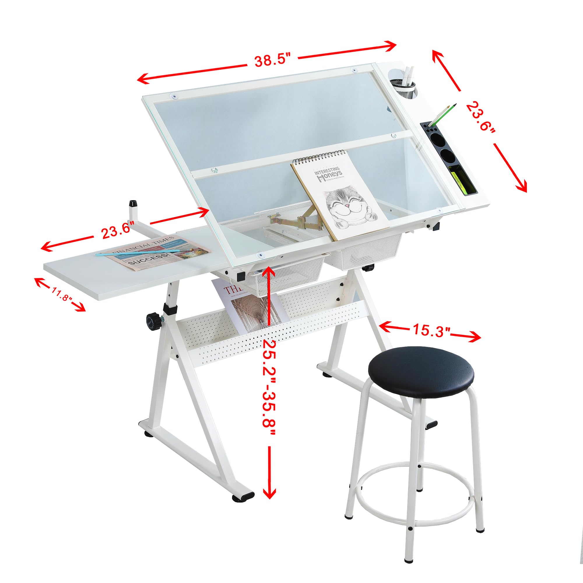 LifeSky Adjustable Drafting Table for Artists - Art Drawing Desk with Storage & Glass Top - Perfect for Painting, Sketching, Illustrators & Cartoonists - Ideal for Home Studios, Art Classes & Professional Workspaces