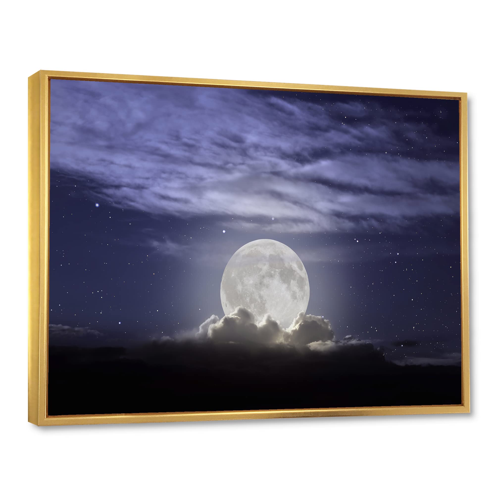 DesignQ Full Moon Rising in Cloudy Night - Coastal Framed Canvas Wall Art Print for Living Room, Bedroom & Office Decor
