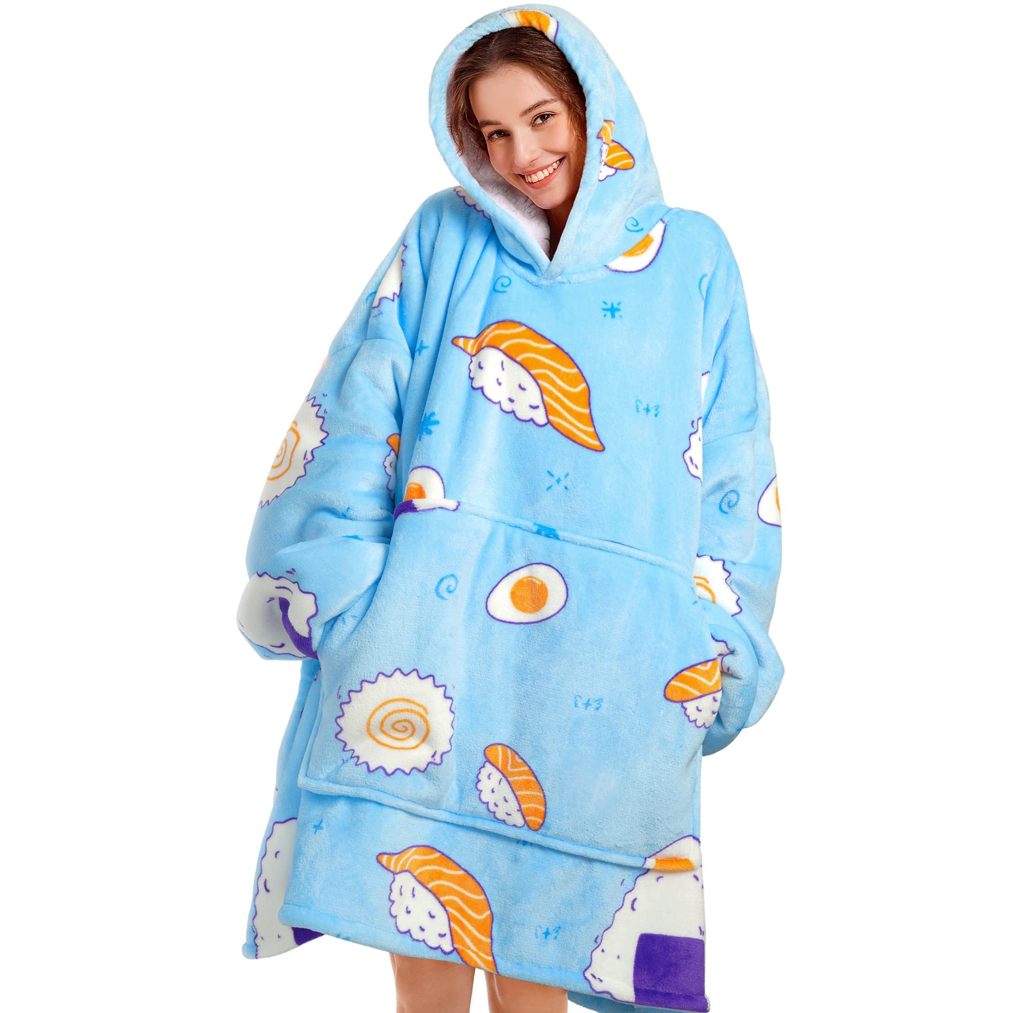 Premium Sherpa Fleece Oversized Blanket Hoodie for Women & Men - Super Cozy Wearable Hooded Blanket with Giant Pocket - Perfect for Lounging, Camping, and Gifts (Light Sushi)