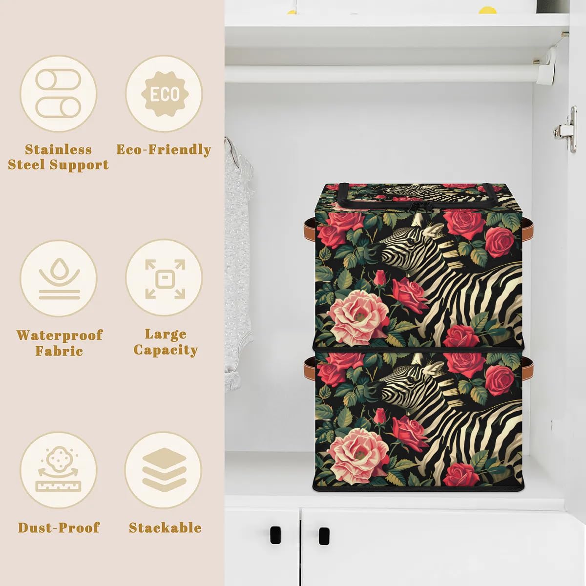 Rose Red Zebra Storage Bins with Zipper Lid - 2 Pack Stackable Storage Baskets with Metal Frame & PU Handles - Closet Organizer Cube for Clothes, Toys, or Blankets - Perfect for Bedroom, Nursery, or Office Storage Solutions