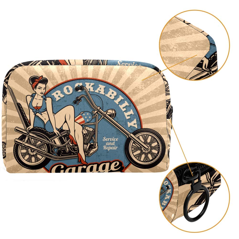 Pin Up Girl Motorcycle Monochrome Makeup Bag - Waterproof Cosmetic & Toiletry Travel Organizer for Women | Portable Storage for Makeup Tools, Brushes, Toiletries | Perfect for Travel, Gym, Beach & Daily Use
