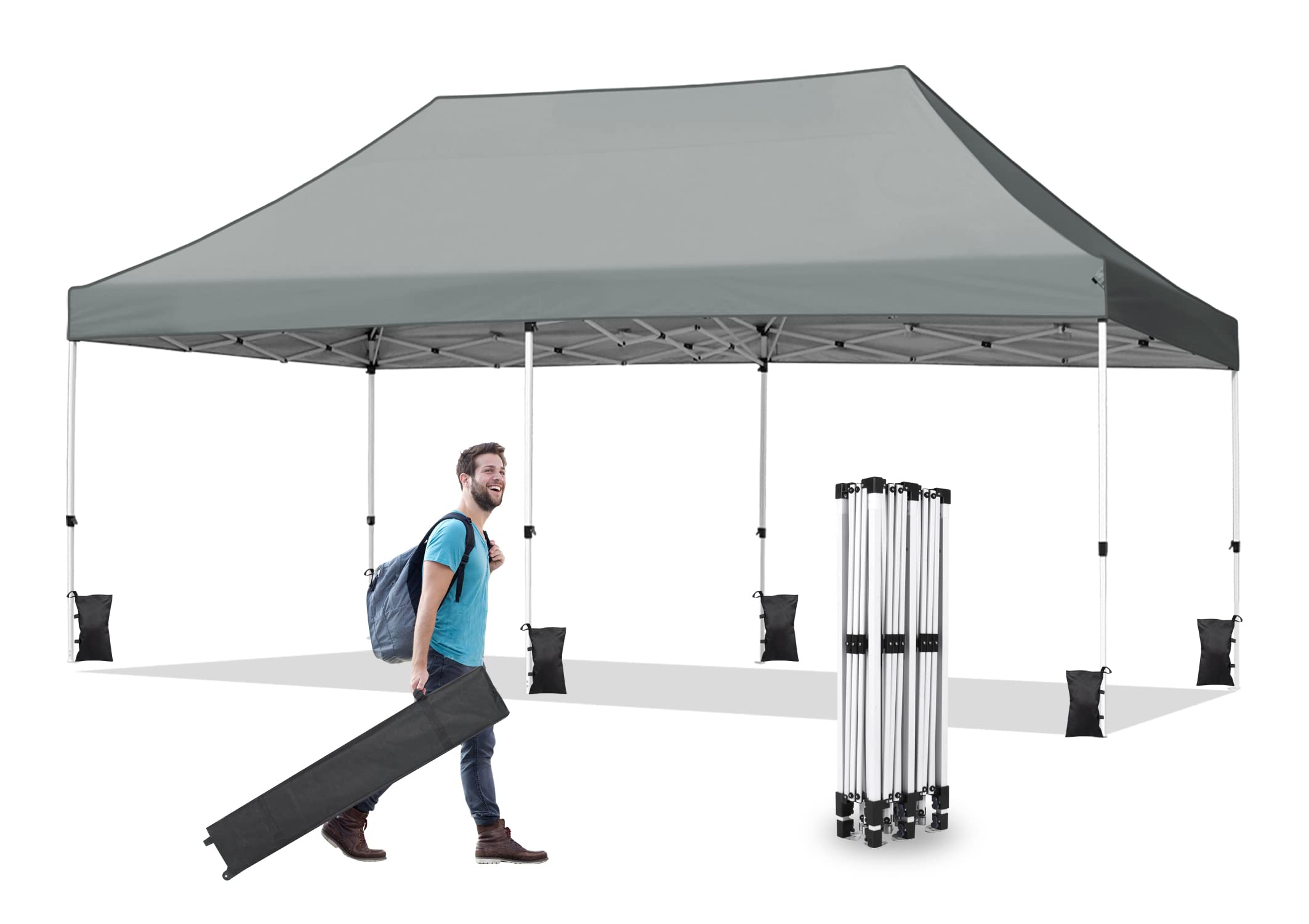 10x20 Pop Up Canopy Tent - Instant Shade Outdoor Shelter with Waterproof Adjustable Roof, Includes Roller Bag, 8 Stakes, 6 Sand Bags & 4 Ropes - Perfect for Beach Parties, Camping, Backyard BBQs and Outdoor Events