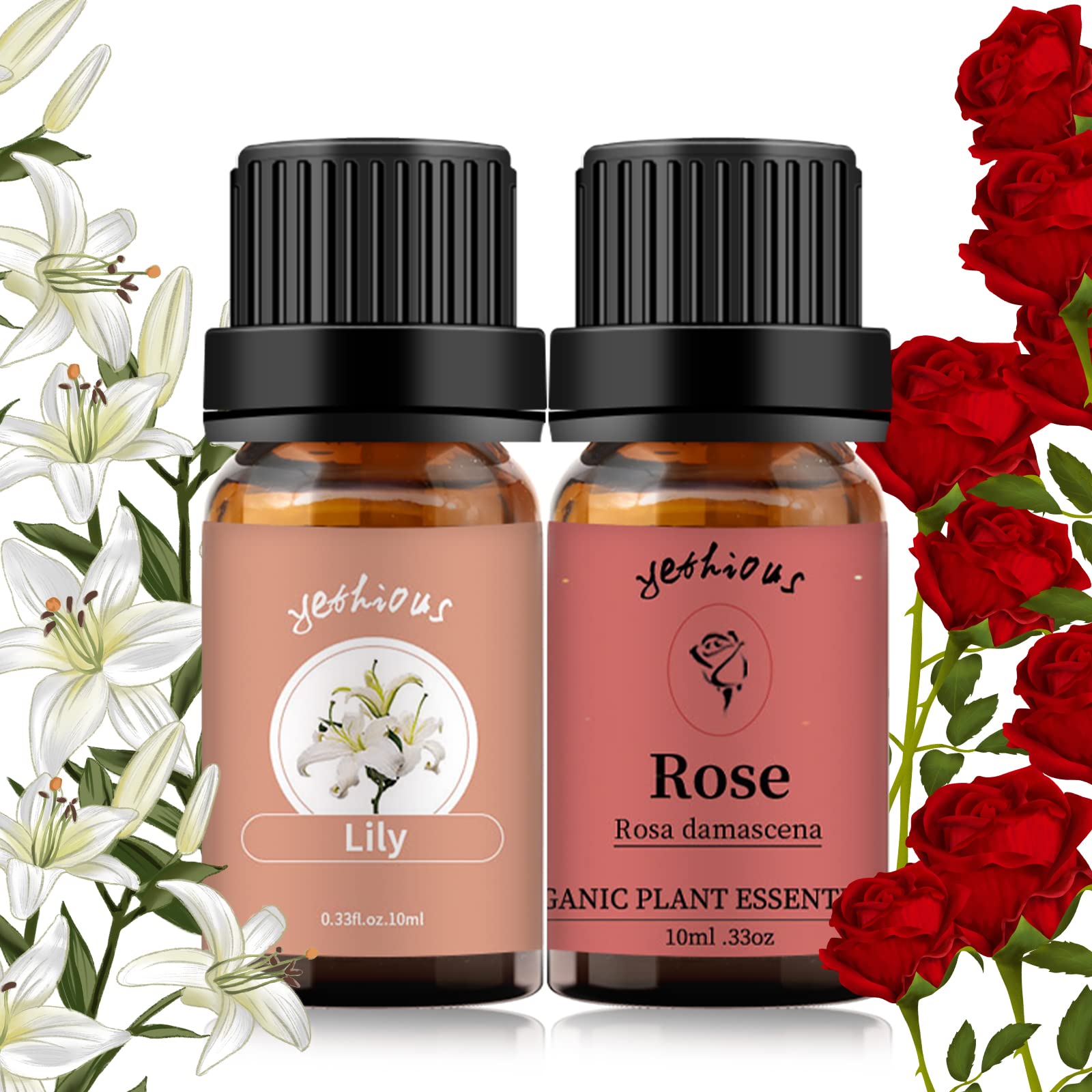 Yethious 2 Pack Pure Organic Rose & Lily Essential Oils Set - 100% Natural Aromatherapy Oils for Diffusers, Skin Care, Massage & Relaxation - Perfect Gift Set for Home Spa, Yoga & Stress Relief