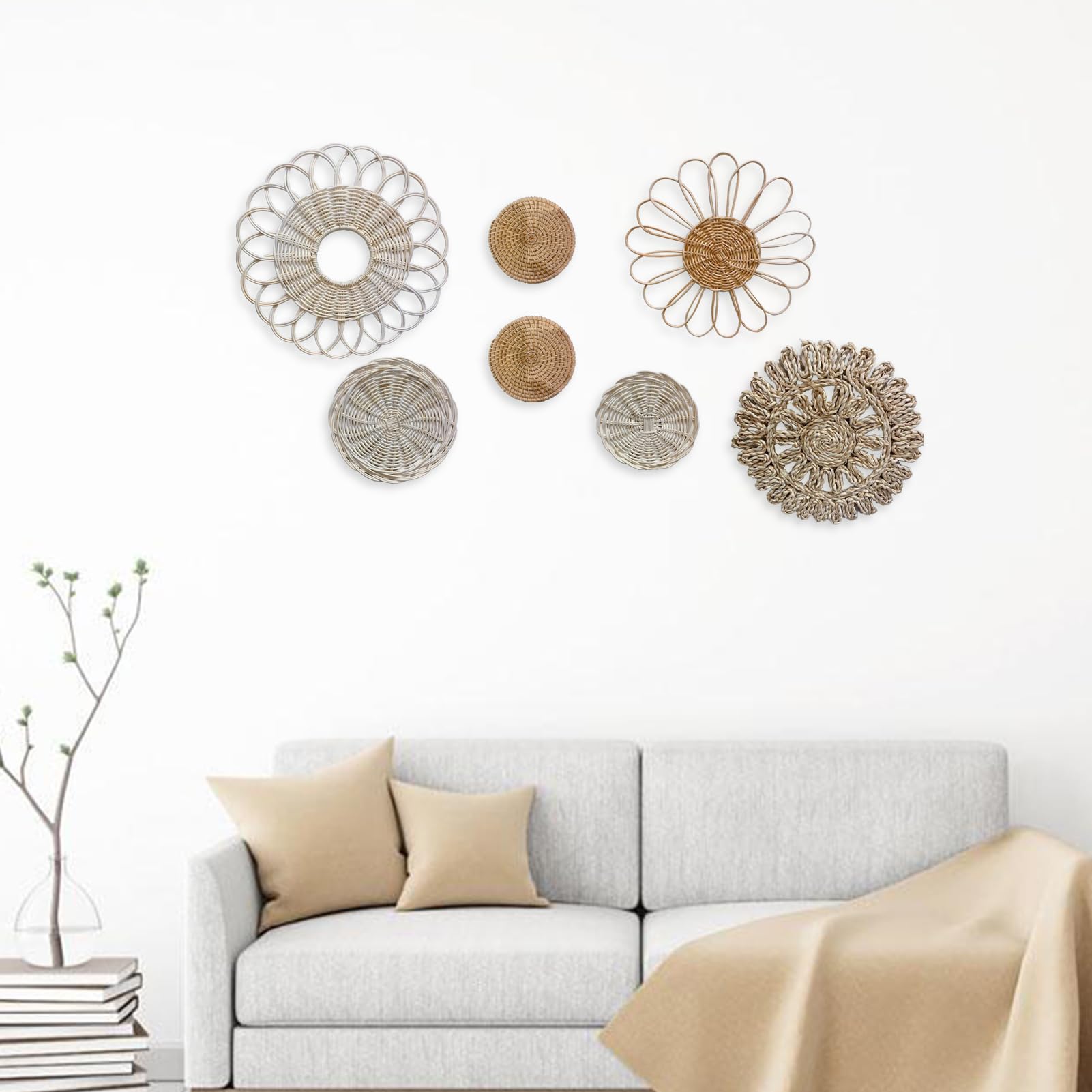 Boho Wall Basket Set of 7 - Natural Seagrass Rattan Wicker Wall Decor for Farmhouse & Boho Style - Handwoven Wall Art for Living Room, Bedroom, Bathroom Decor - Perfect for Home, Office, Wedding & Rustic Decorations