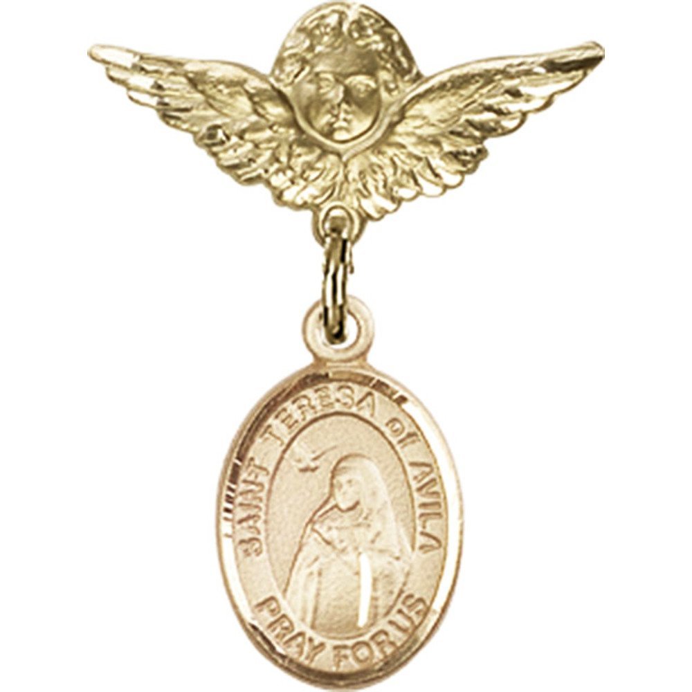 St. Teresa of Avila Gold Filled Baby Badge with Angel Wing Charm - 1 X 3/4 Inch Religious Pin for Baptism, First Communion & Baby Blessing Gifts