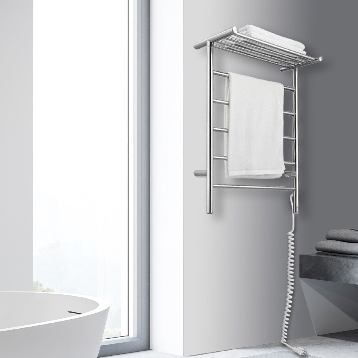 Miazzo 5 Bar Electric Wall Mounted Towel Warmer with Shelf - Plug In or Hardwire Installation - Polished Stainless Steel - Perfect for Bathrooms, Spas & Luxury Homes