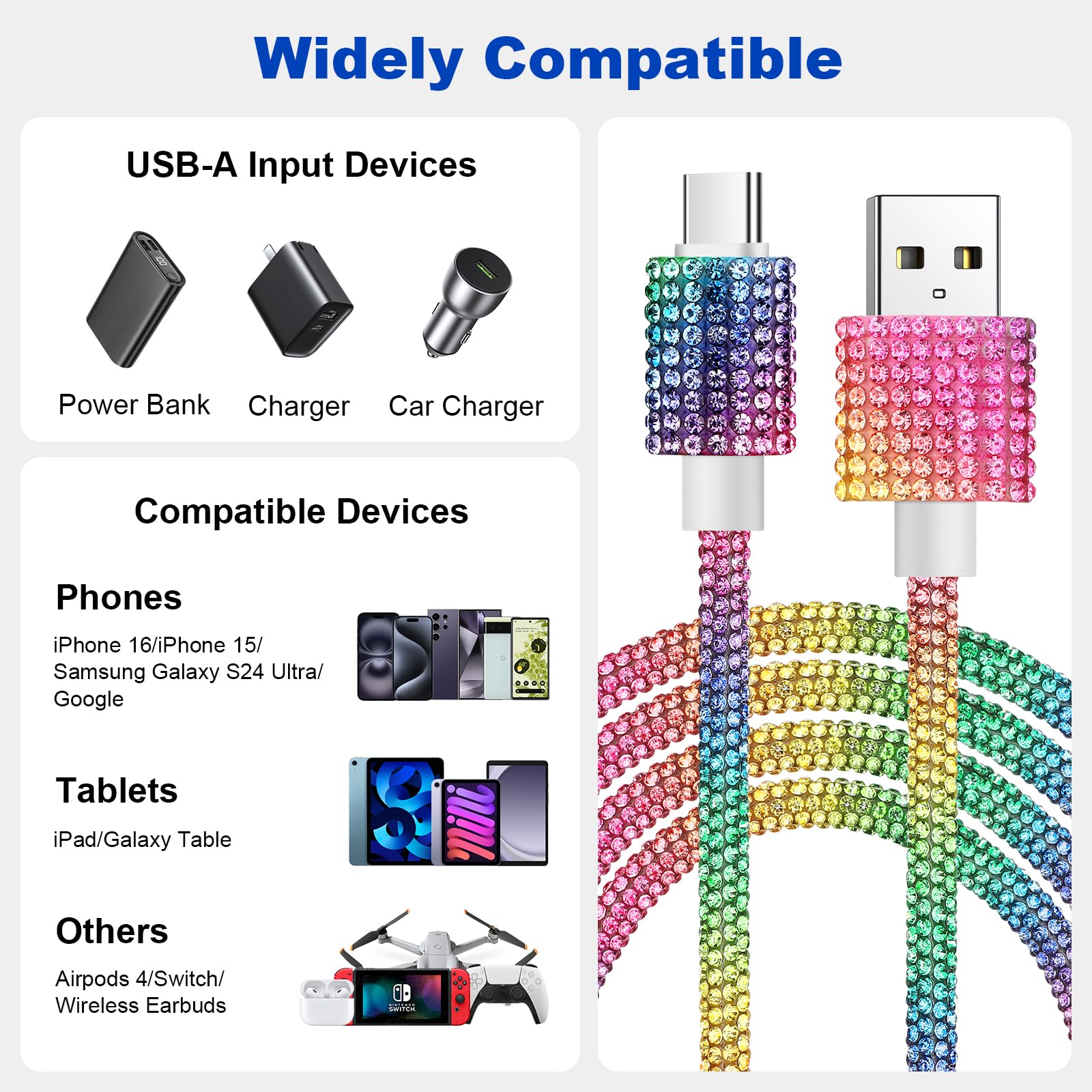 VOFUOE 60W Fast Charging USB to USB C Cable, Bling Sparkling Diamond USB C Charger Cord 4FT - Compatible with iPhone 16/16 Pro/16 Pro Max, Galaxy S24 Ultra, iPad 10th Gen - Rainbow Design for Women | Perfect for Travel, Office & Home Charging