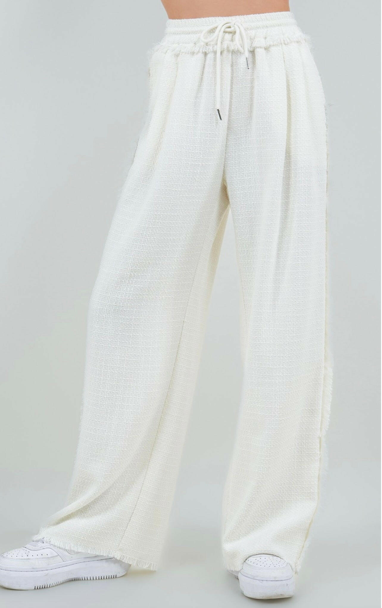 Bohemian Ivory Wide Leg Drawstring Fringe Pants for Women - Comfortable & Stylish Lounge Pants for Yoga, Beach, and Casual Wear