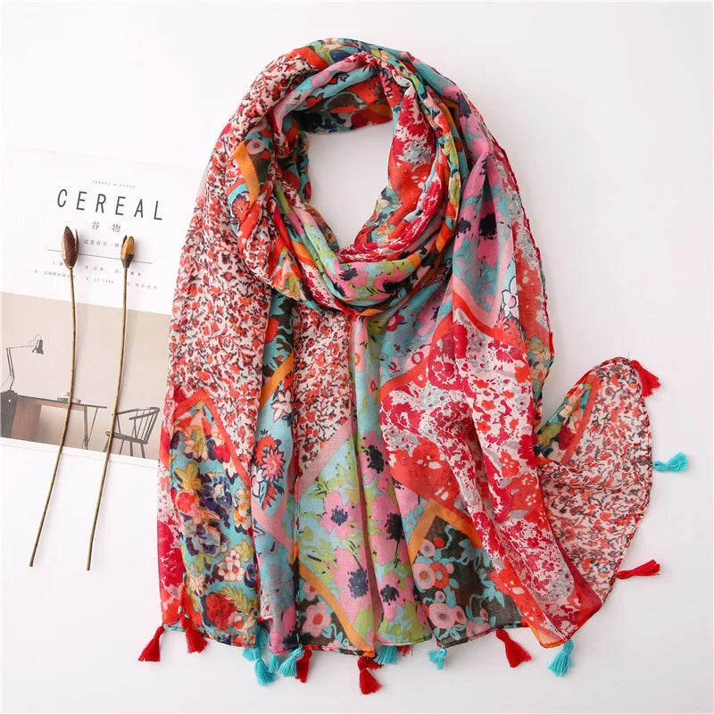 2023 Fashion Paisley Abstract Floral Tassel Viscose Shawl Scarf - Women's Lightweight Pashmina Wrap Stole & Muslim Hijab (180x90cm) - Perfect for Daily Wear, Office, Parties & Prayer
