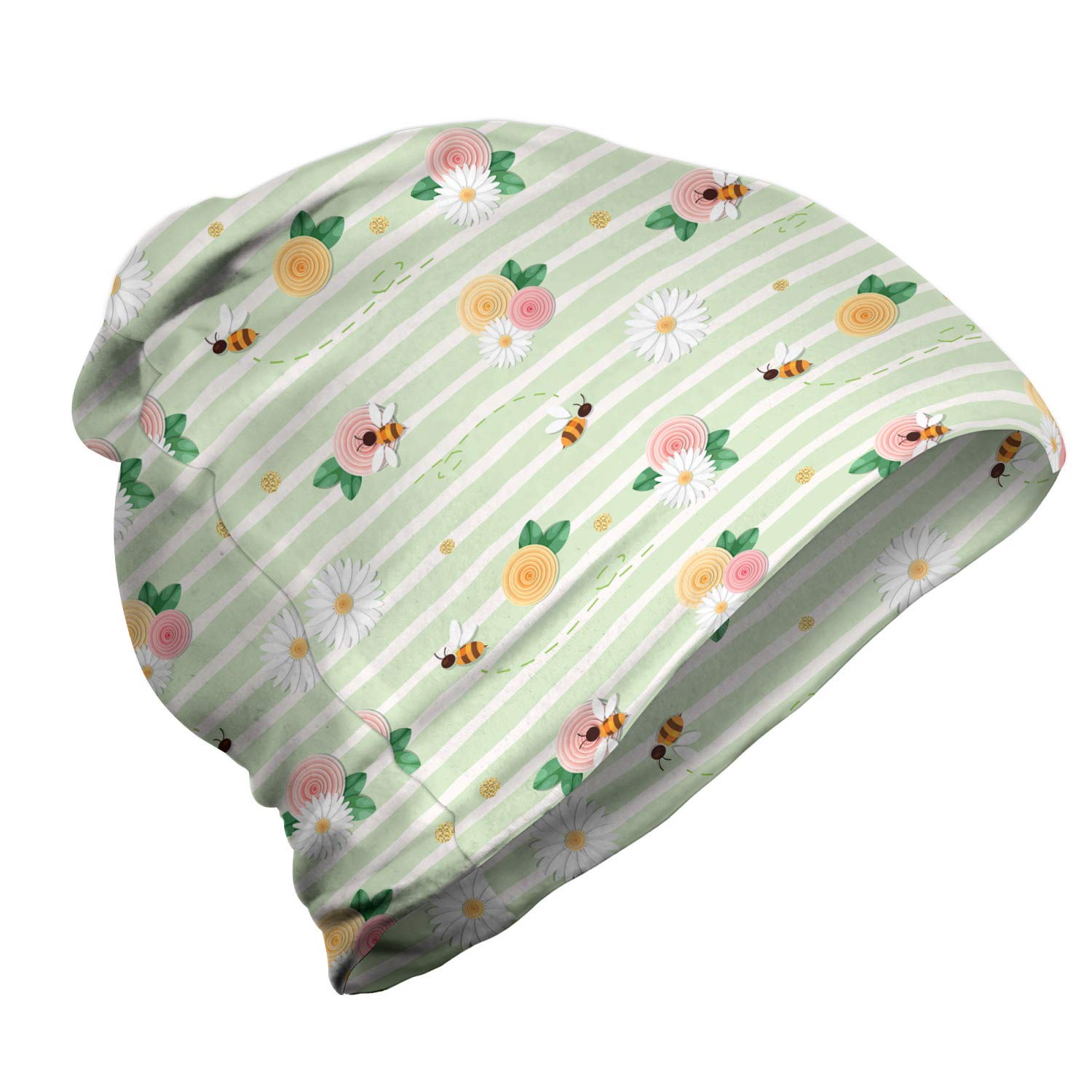 Ambesonne Unisex Beanie - Rose and Chamomiles Design - Warm Winter Knit Hat for Men & Women - Perfect for Hiking, Camping, and Outdoor Activities