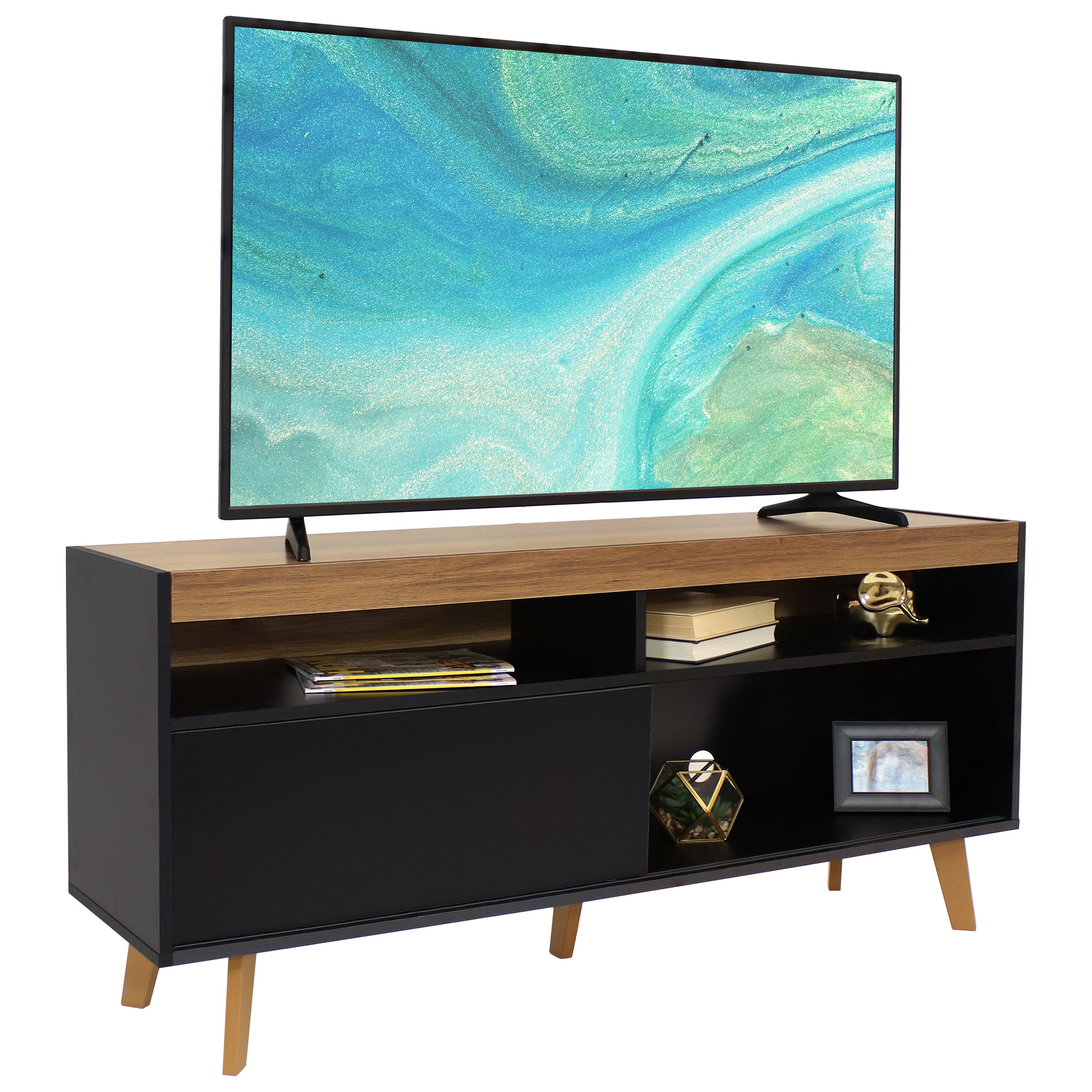 Mid Century Modern TV Stand for 58 Inch Flat Screen - Sunnydaze Retro Entertainment Center with Storage for Living Room & Home Theater