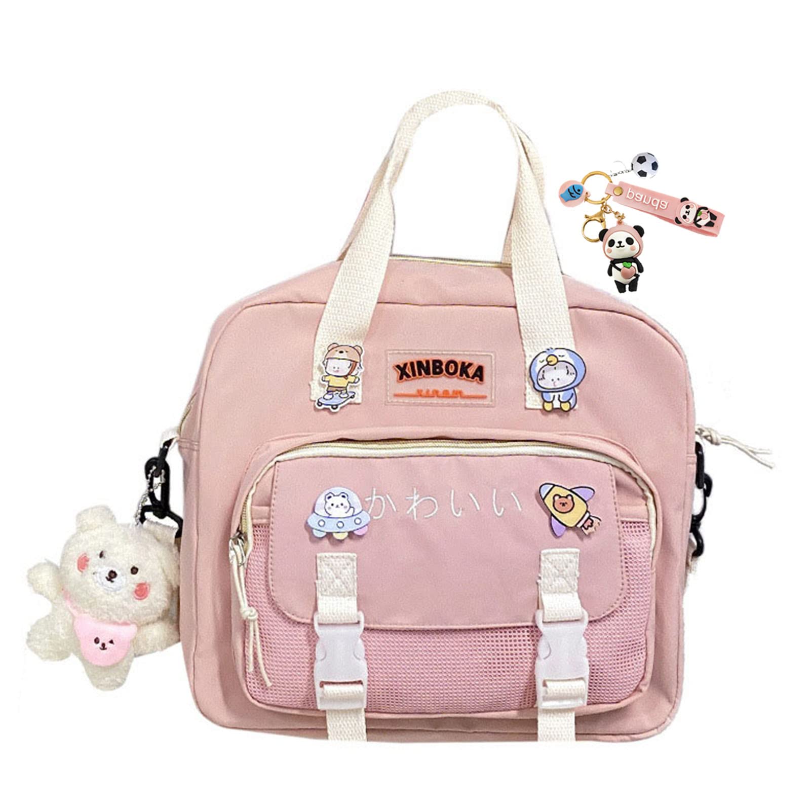 Stylish Kawaii Cute Backpack & Tote Bag with Pins - Pink Laptop Crossbody Shoulder Bag for Girls & Teens - Perfect for School, Travel & Casual Outings