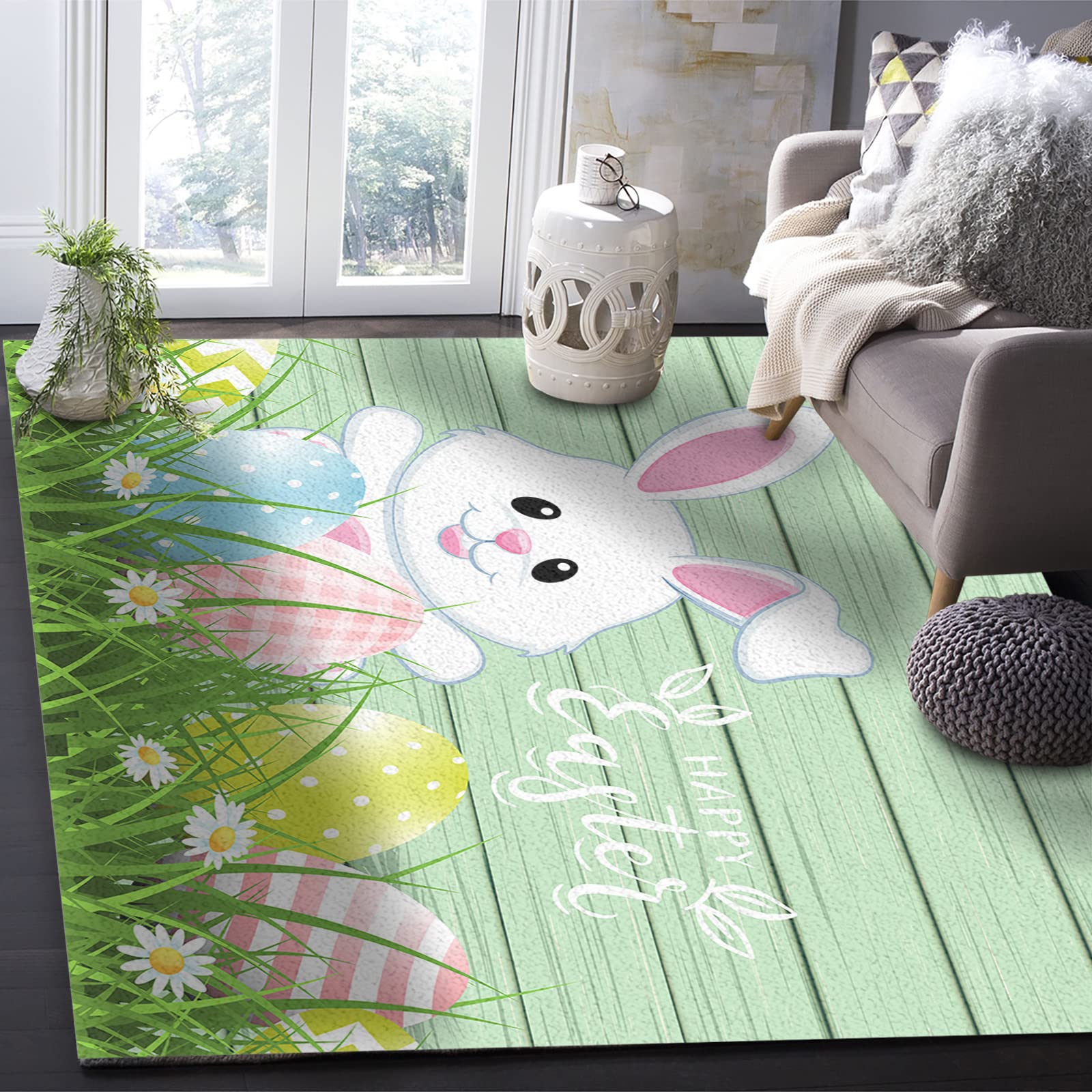 Non-Shedding Thick Rug Pad - 60x96 Inch Home Carpet Protector for Wood Floors | Non-Slip Area Rug Underlay with Floral Green Easter Bunny Egg Design | Perfect for Living Room, Bedroom & Kitchen Decor