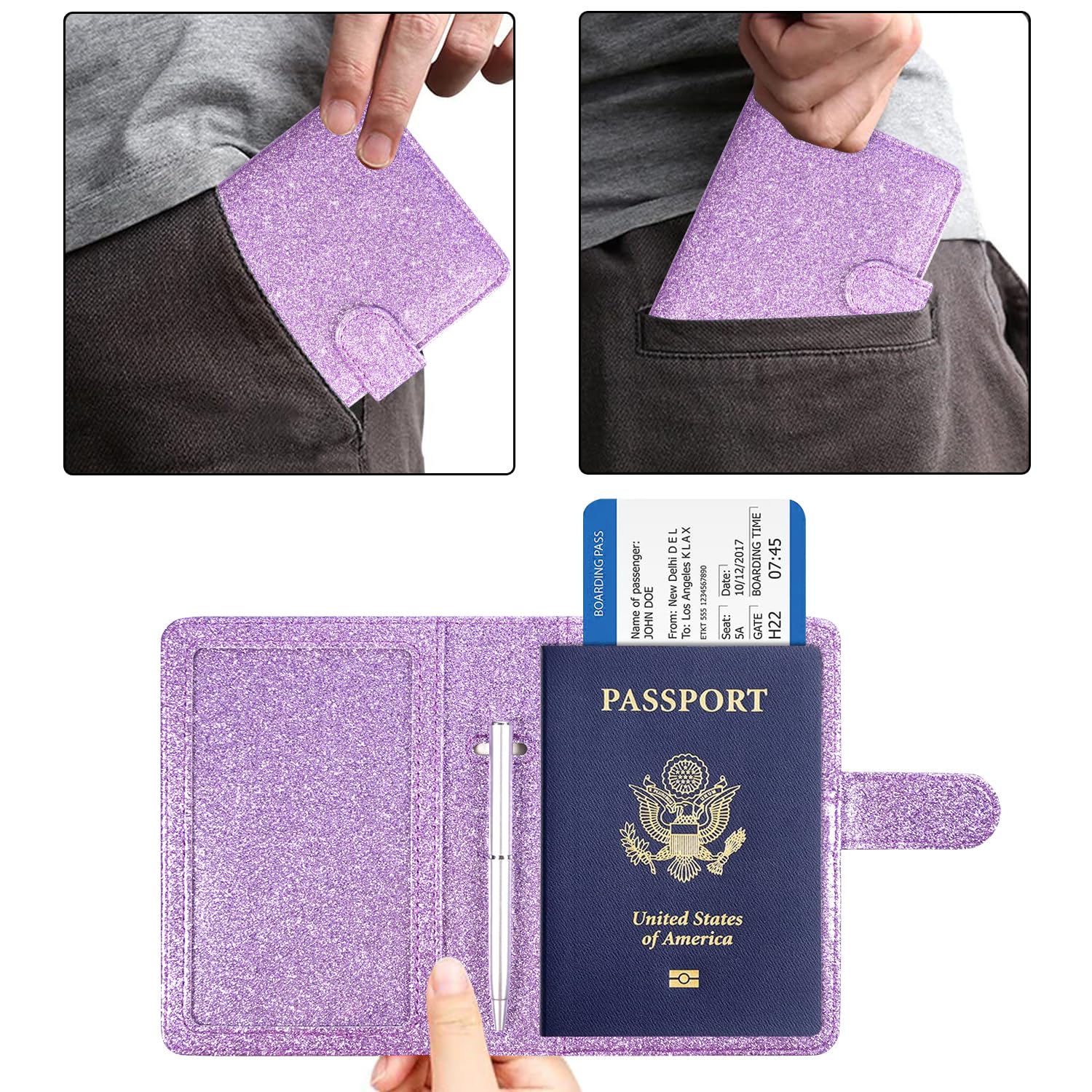 ACdream RFID Blocking Passport Holder & Vaccine Card Protector - Glitter Purple Faux Leather Wallet for Travel, ID & Credit Cards - Secure & Stylish Travel Accessory for Men & Women