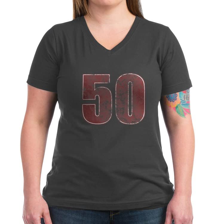 50th Birthday Red Grunge V-Neck T-Shirt for Women - Vintage Rock Style Casual Tee | Perfect for Birthday Parties, Gifts & Retro Fashion