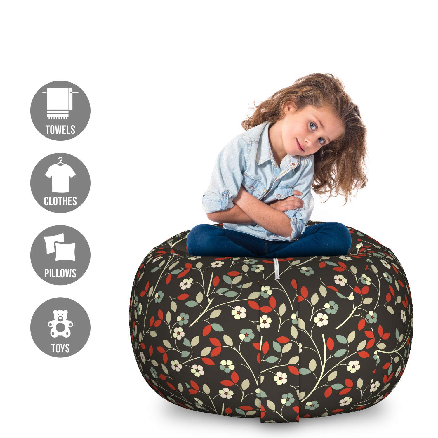 Ambesonne Floral Storage Toy Bag Chair - Large Washable Stuffed Animal Organizer with Nostalgic Romantic Garden Pattern | Kids' Room Decor, Playroom Storage, Nursery Organization