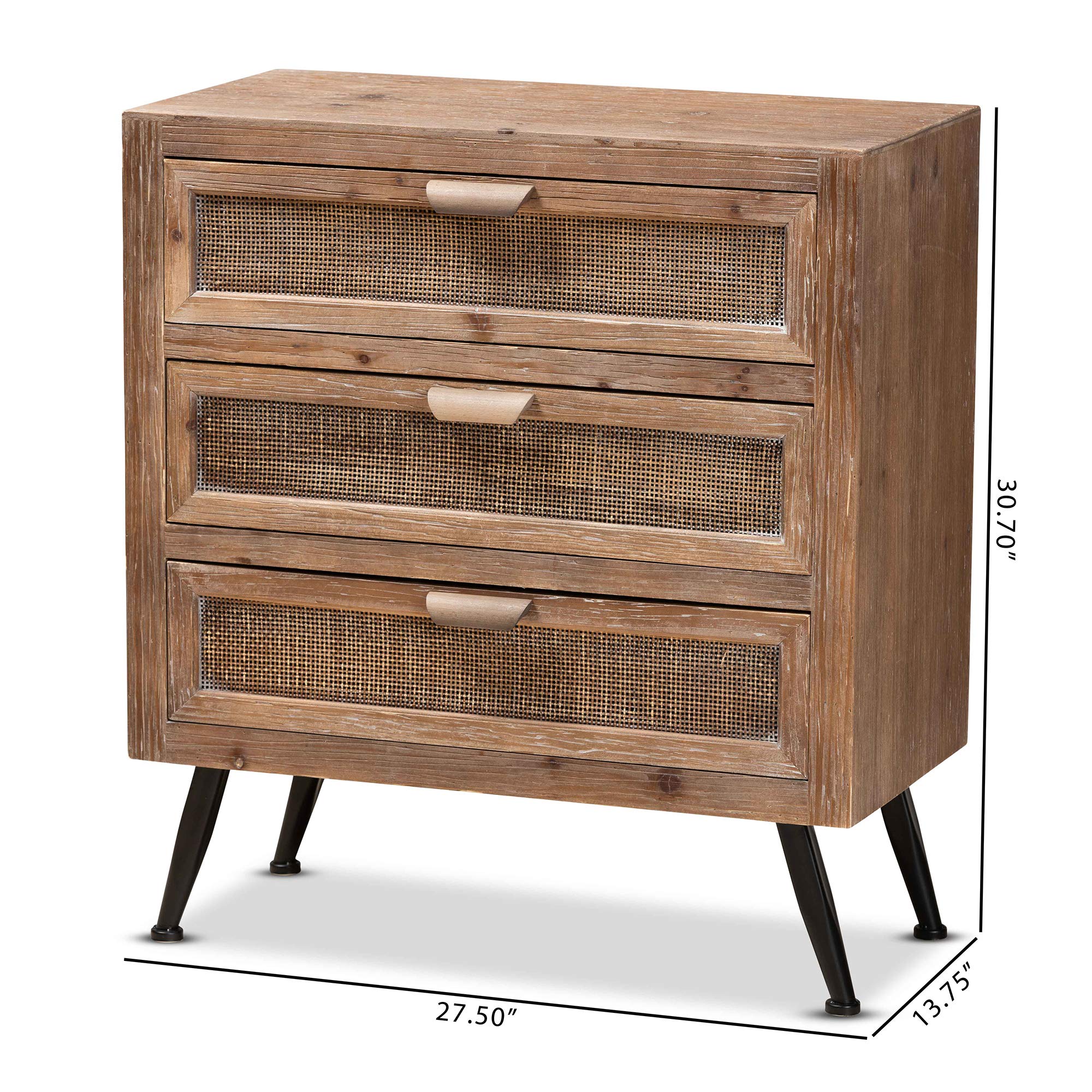 Baxton Studio Calida Mid-Century Modern 3-Drawer Storage Cabinet - Whitewashed Natural Brown Wood & Rattan - Perfect for Bedroom, Living Room, or Home Office Organization
