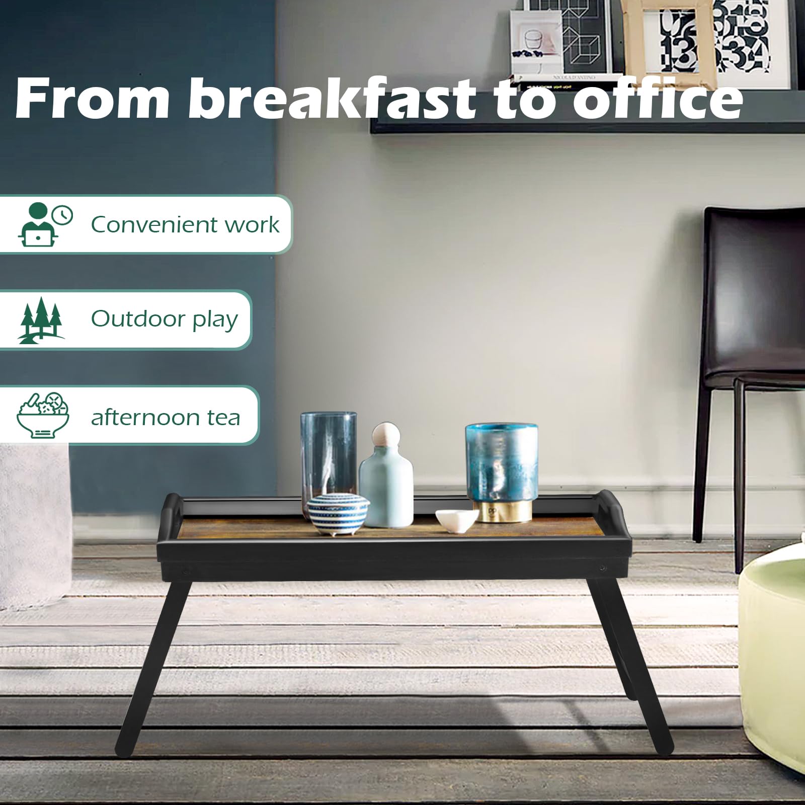 2 Pack Bamboo Bed Tray Table with Folding Legs & Handles - Portable Breakfast Serving Tray with Phone/Tablet Groove - Multi-Use Laptop Desk for Bed, Sofa, Office - Perfect for Eating, Working, Reading & Picnics - Ideal Home, Office & Outdoor Dining Accessory