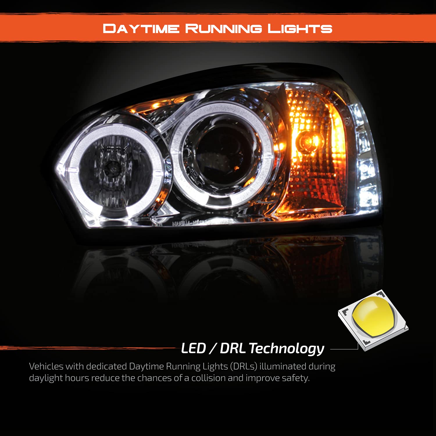 AKKON LED Dual Halo DRL Projector Headlights for 2004-2007 Chevy Malibu - Chrome Housing with Turn Signal Lamps | Upgrade Your Ride for Better Night Visibility & Style