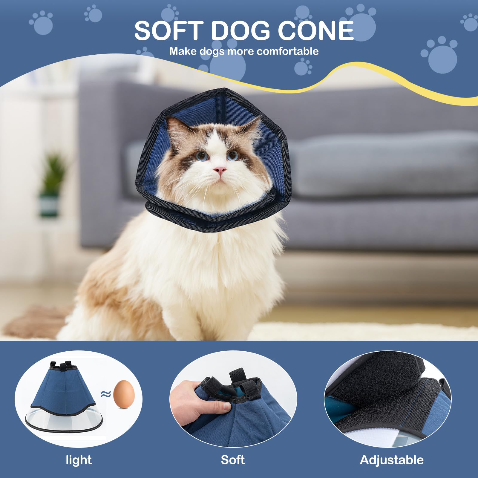 **Adjustable Soft Dog Cone Collar for Small Dogs & Cats - Post-Surgery Recovery E-Collar with 360° Vision - Comfortable Pet Cone to Prevent Licking & Scratching - Perfect for Wound Healing & Grooming Protection (Blue)**