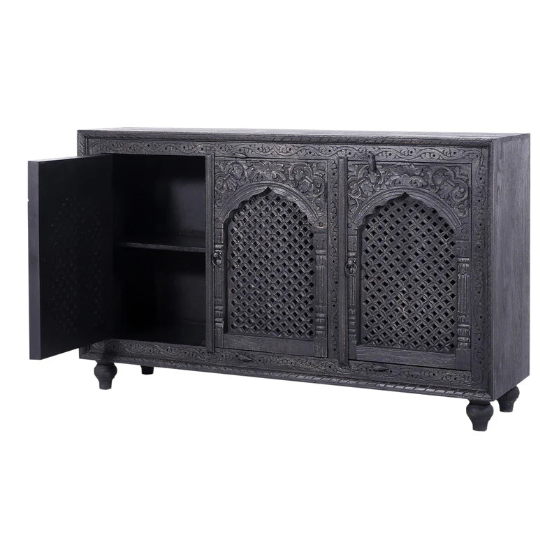 Distressed Black Carved Wooden Sideboard Buffet Table - Rustic Farmhouse Dining Room Storage & Serving Furniture for Home Decor