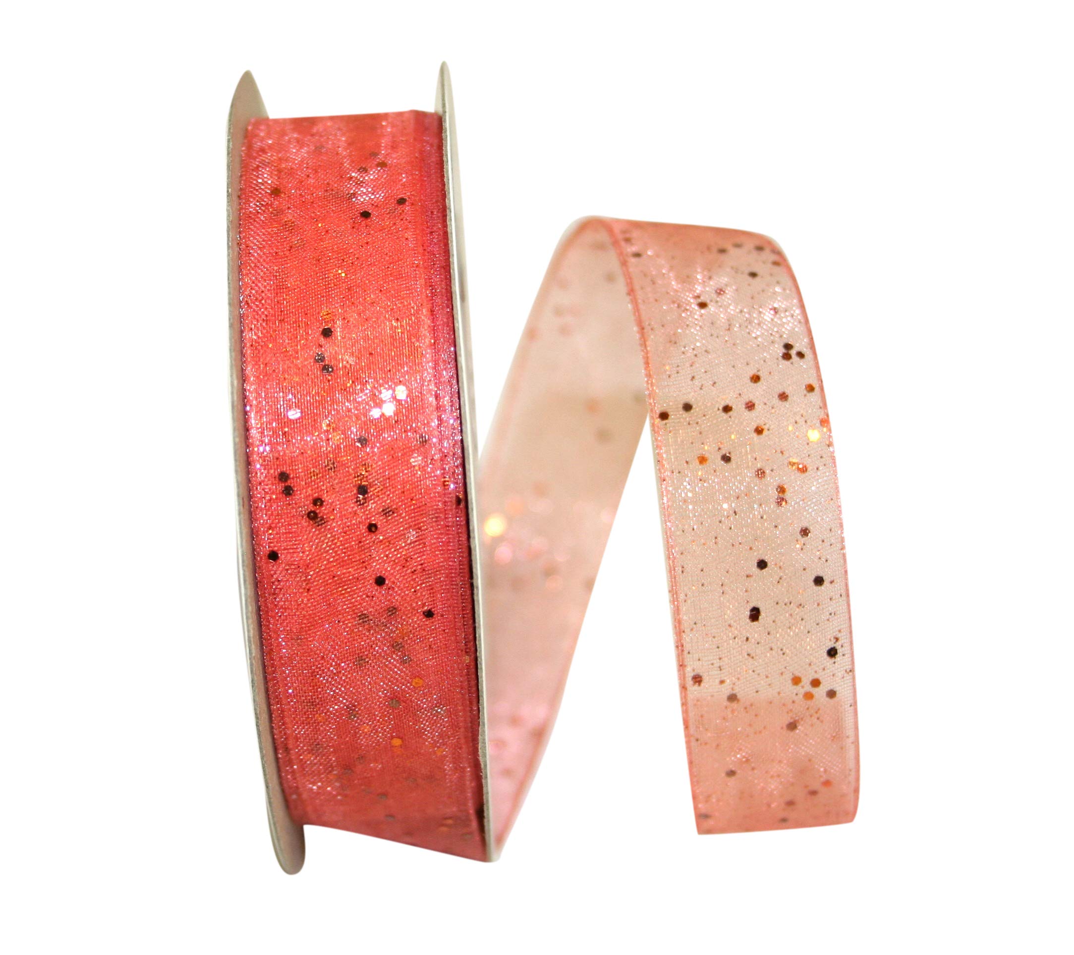 Reliant 5/8 Inch x 25 Yards Coral Glitter Sheer Ribbon - Perfect for Gift Wrapping, DIY Crafts, Party Decorations & Scrapbooking