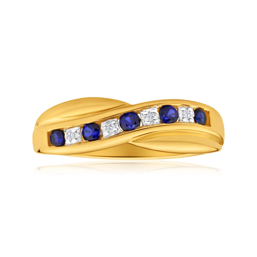 9ct Yellow Gold Created Sapphire and Diamond Ring for Women - Elegant Wedding, Engagement, Anniversary Gift for Her