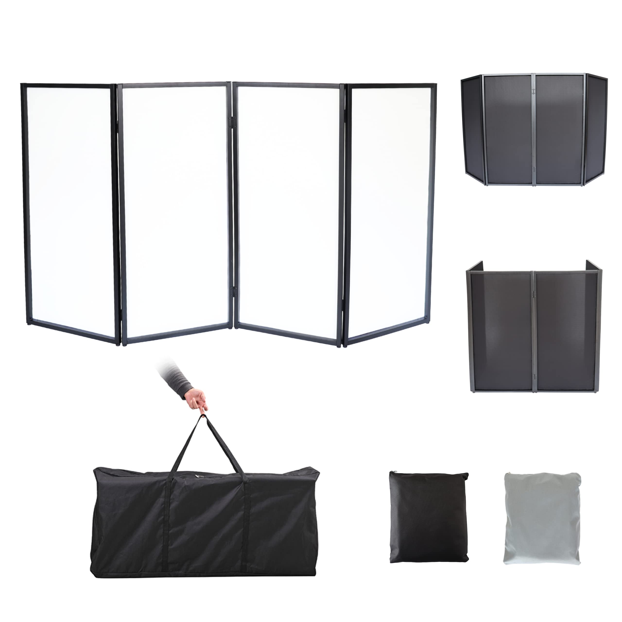 Portable DJ Booth Facade - White & Black Foldable DJ Screen with Carry Bag | Video Light Projector Display Panel for Events, Weddings & Nightclubs | Easy Setup & Transport