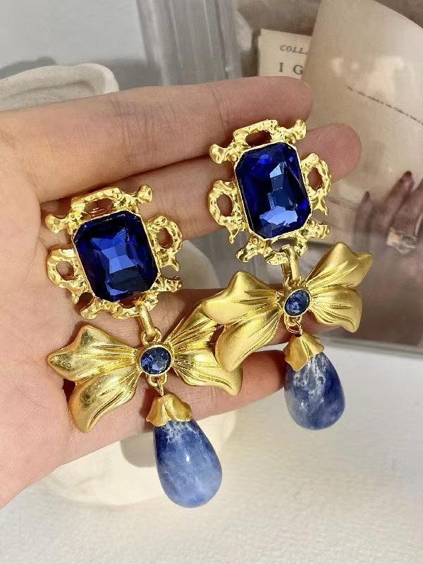 Lovevop Handmade Blue Glass Earrings with Rhinestone Bow Knot - Elegant Dangle Earrings for Women, Perfect for Weddings, Parties & Special Occasions